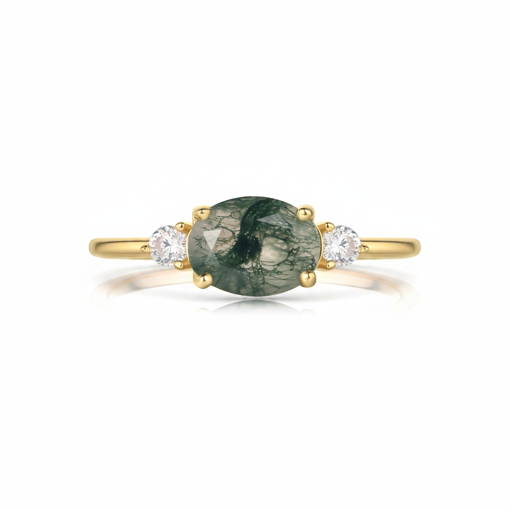 Ethereal Veil | Unique Handmade Natural Moss Agate Engagement Ring 1.5ct Oval Cut