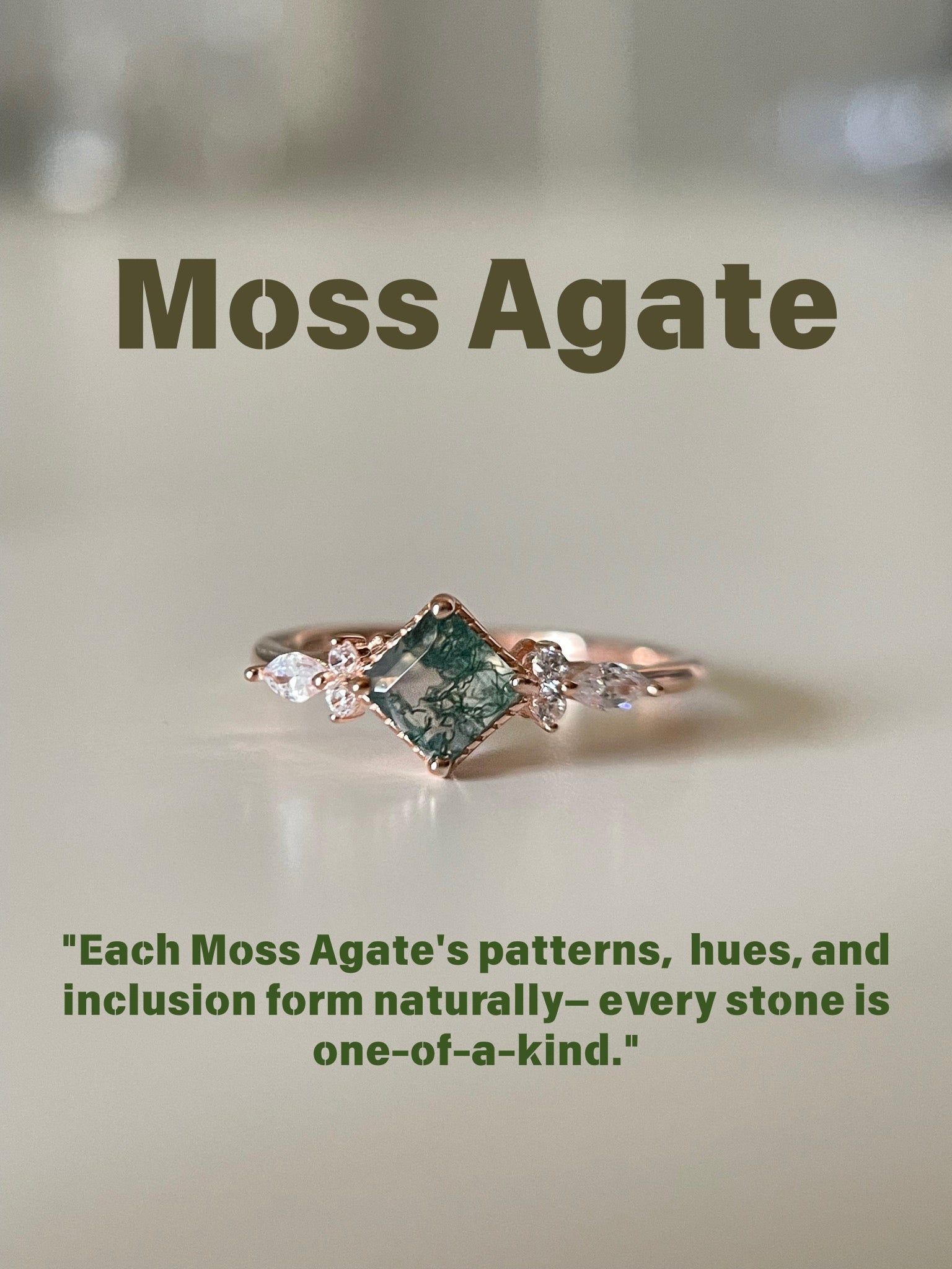 【Verdanite Garden】Unique Handmade Natural Moss Agate Engagement Ring 0.75ct Princess Shape