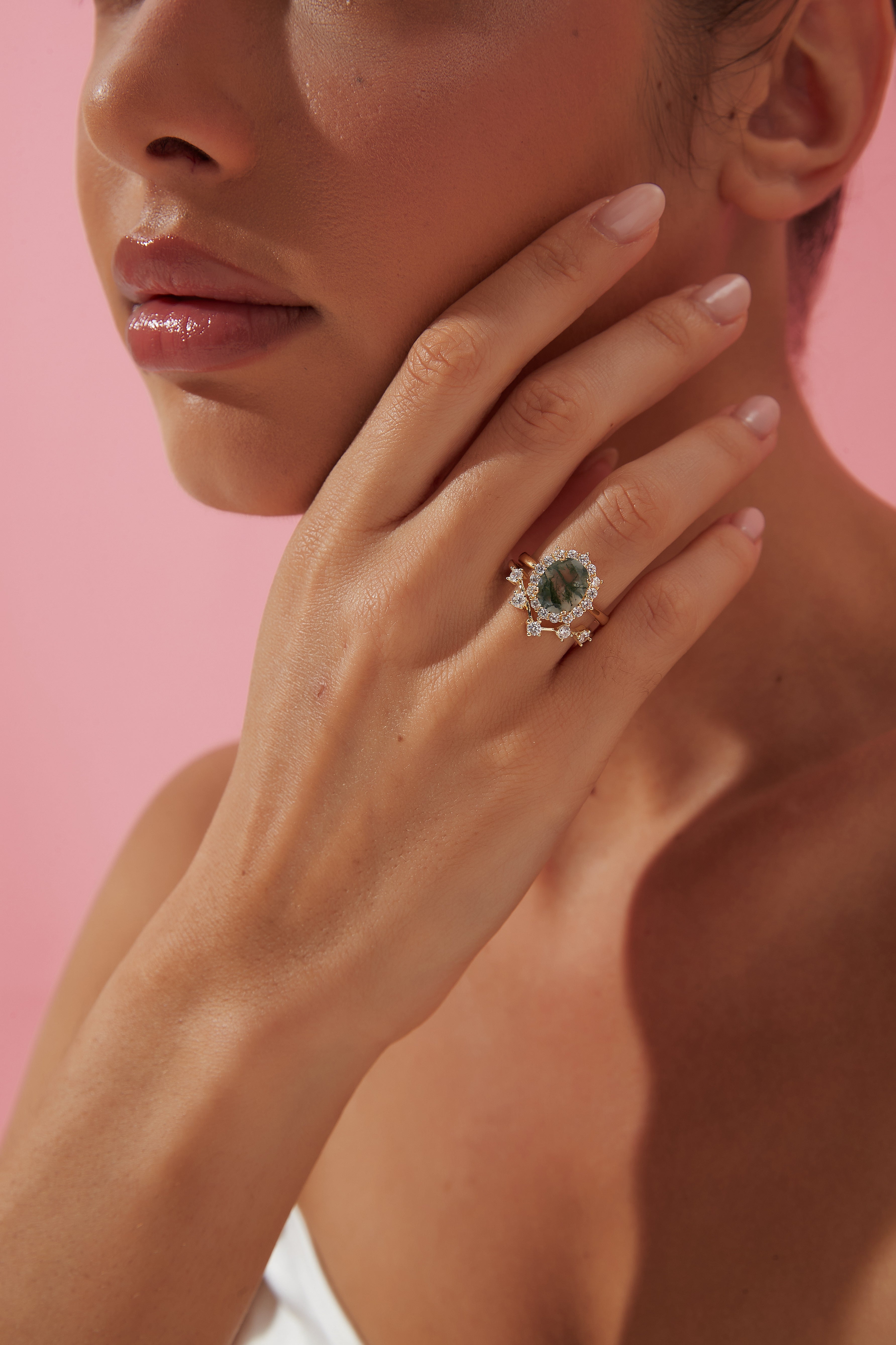 【Morrigan Set】 Unique Handmade Natural Green Moss Agate Engagement Ring Set 2pcs Oval Shape 3ct