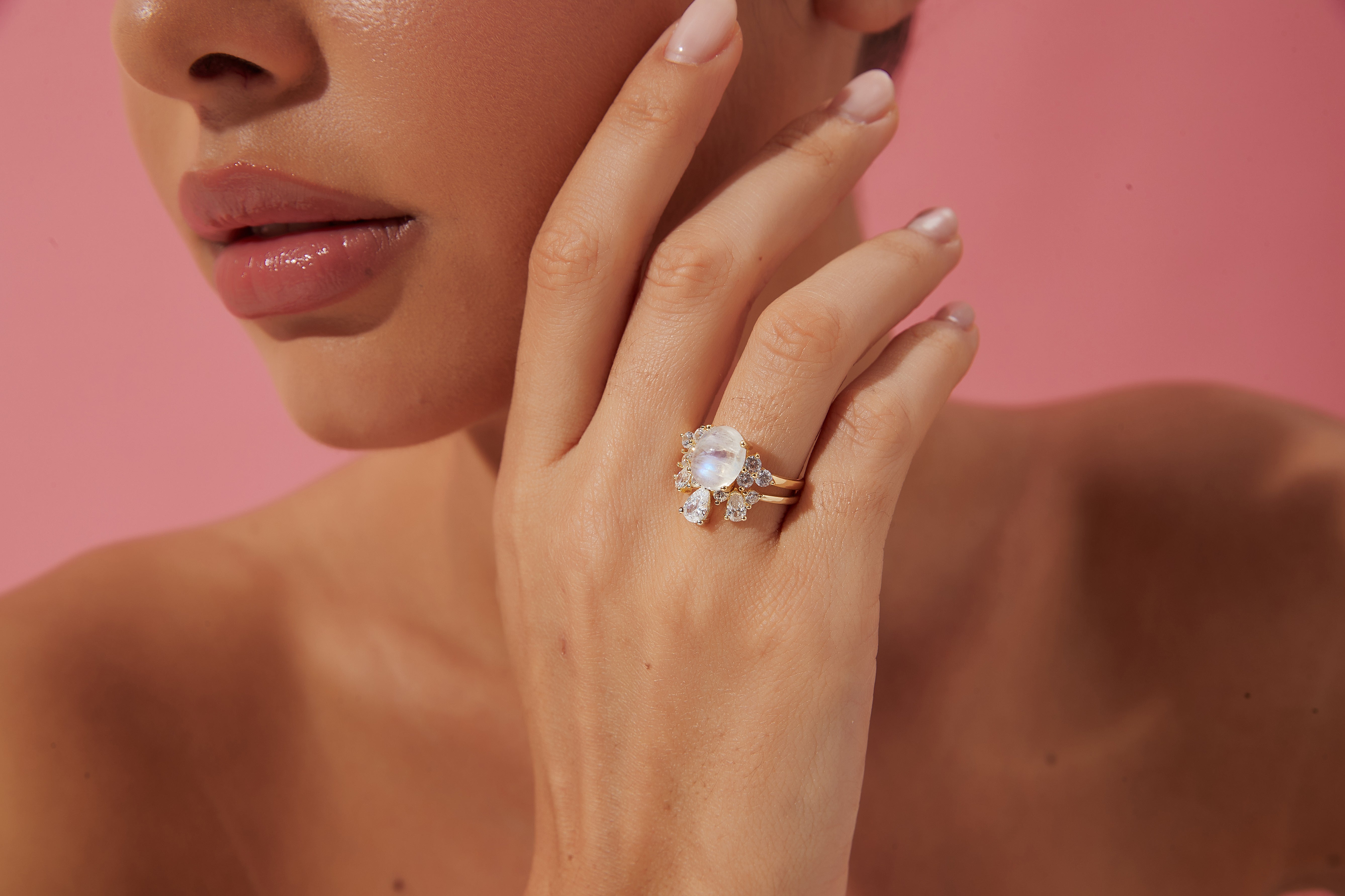 【DIANA SET】Unique Handmade Natural Blue Moonstone Engagement Ring Set 2pcs 3ct Oval Shape