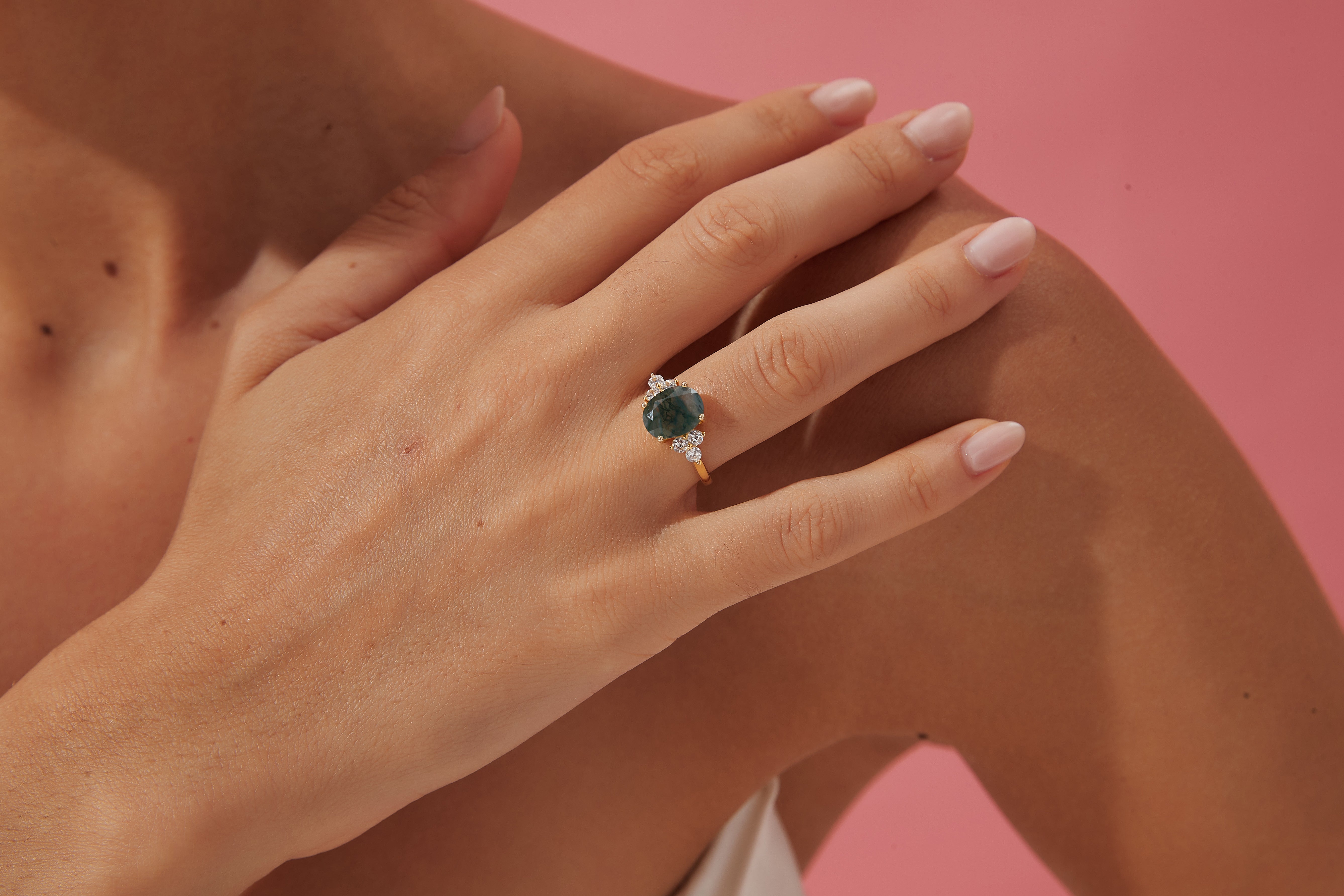 【ELOWEN】Unique Handmade Natural Moss Agate Engagement Ring Oval Shape 3ct