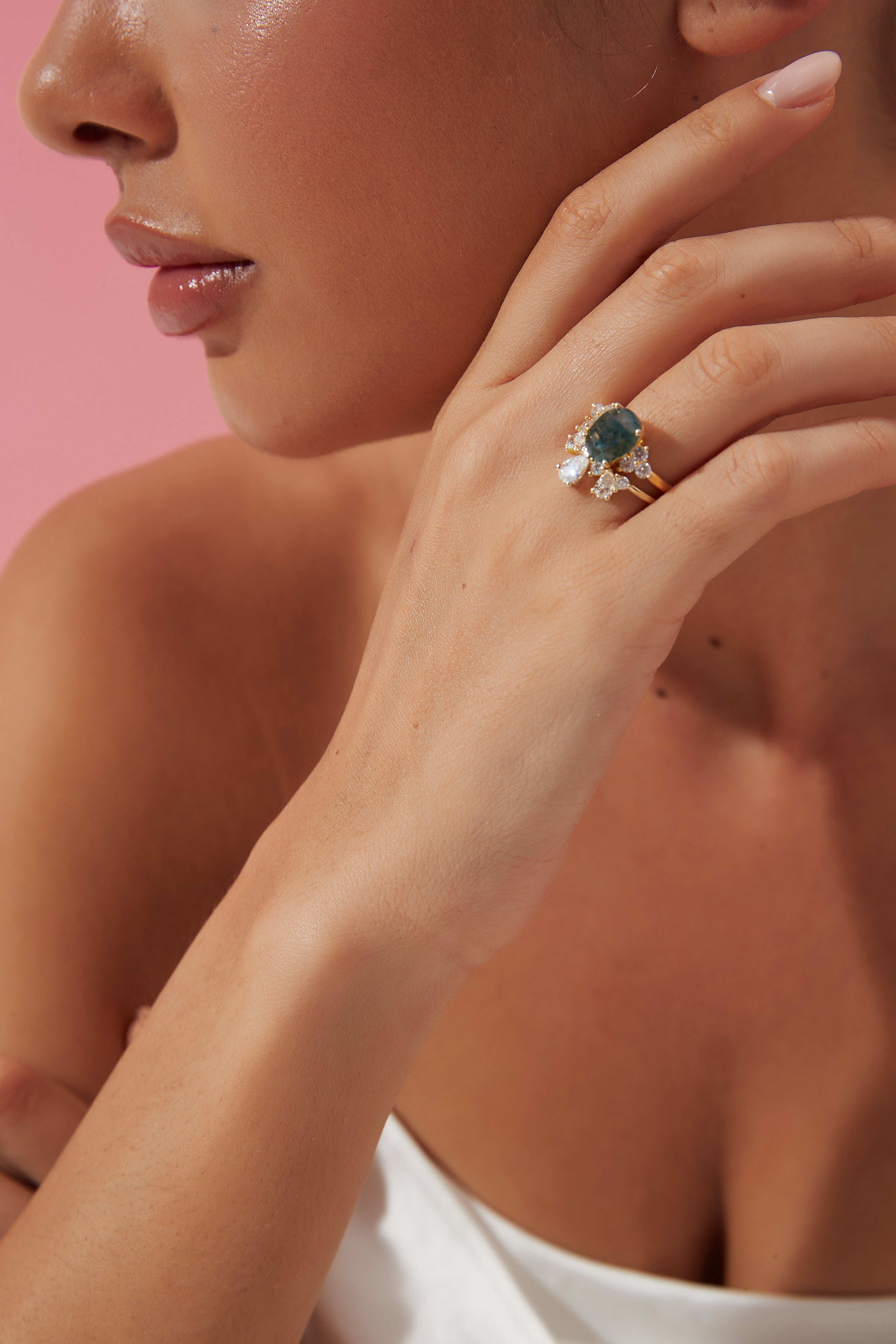 【ELOWEN】Unique Handmade Natural Moss Agate Engagement Ring Oval Shape 3ct