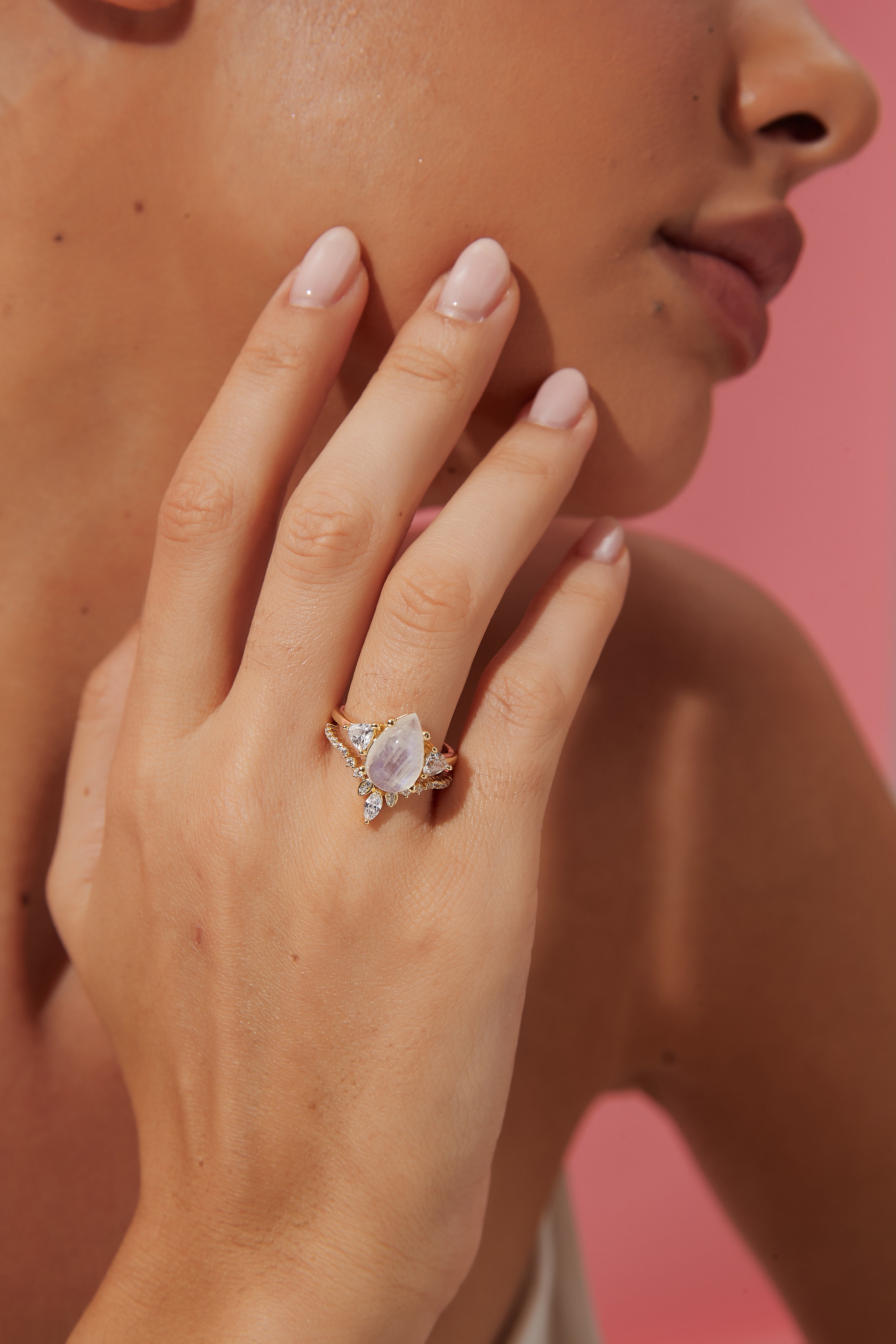 【SERAPHINA】Unique Handmade Natural Blue Moonstone Engagement Pear Shape 3ct