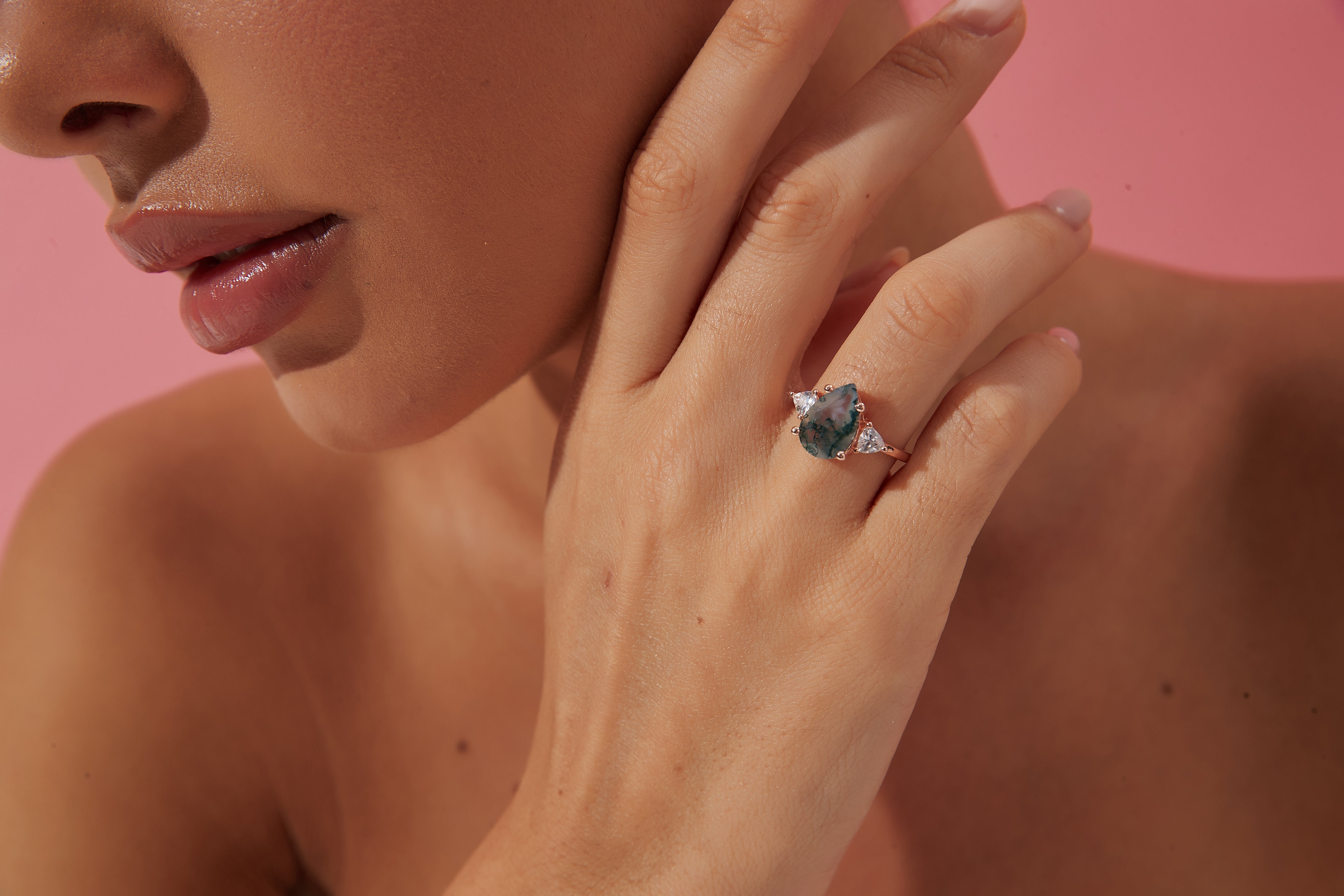 【HAZEL SET】Unique Handmade Natural Moss Agate Engagement Ring Set 2pcs 3ct Pear Shape