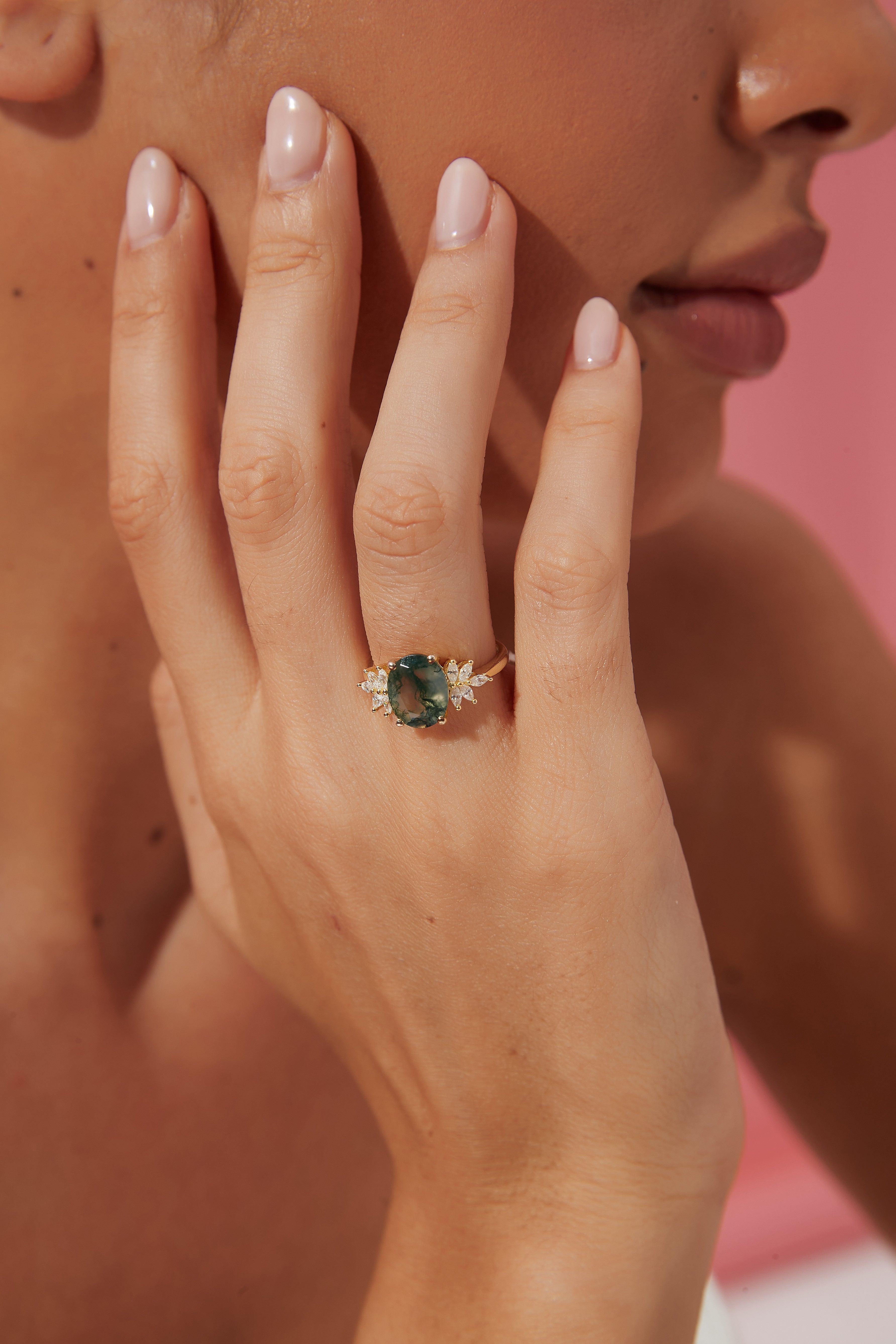 【SIERR】Unique Handmade Natural Moss Agate Engagement Ring Oval Shape 3c