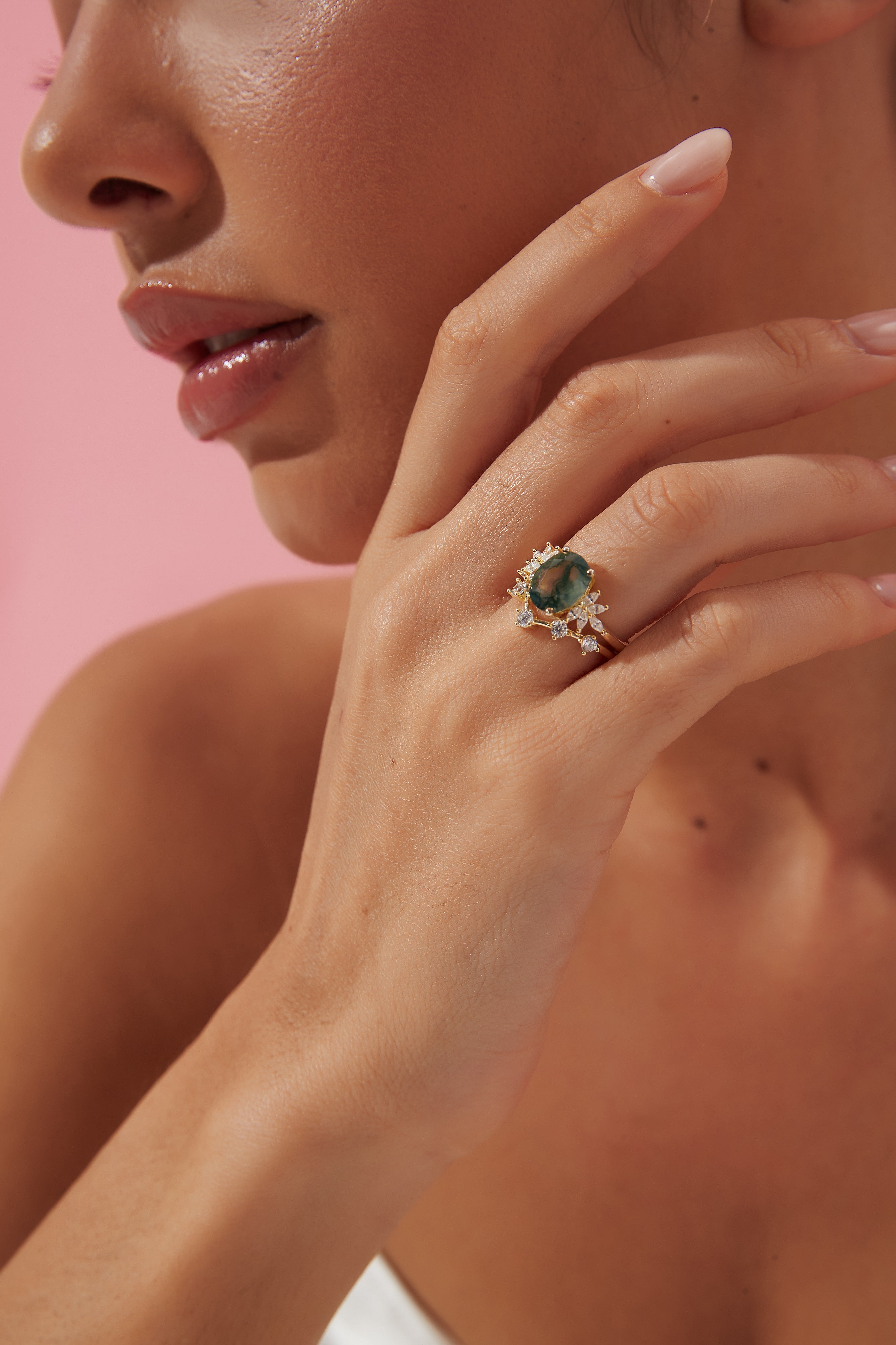 【ENSEMBLE SIERRA】Ensemble de 2 bagues de fiançailles ovales en agate mousse naturelle, 3 carats, fabriquées à la main.