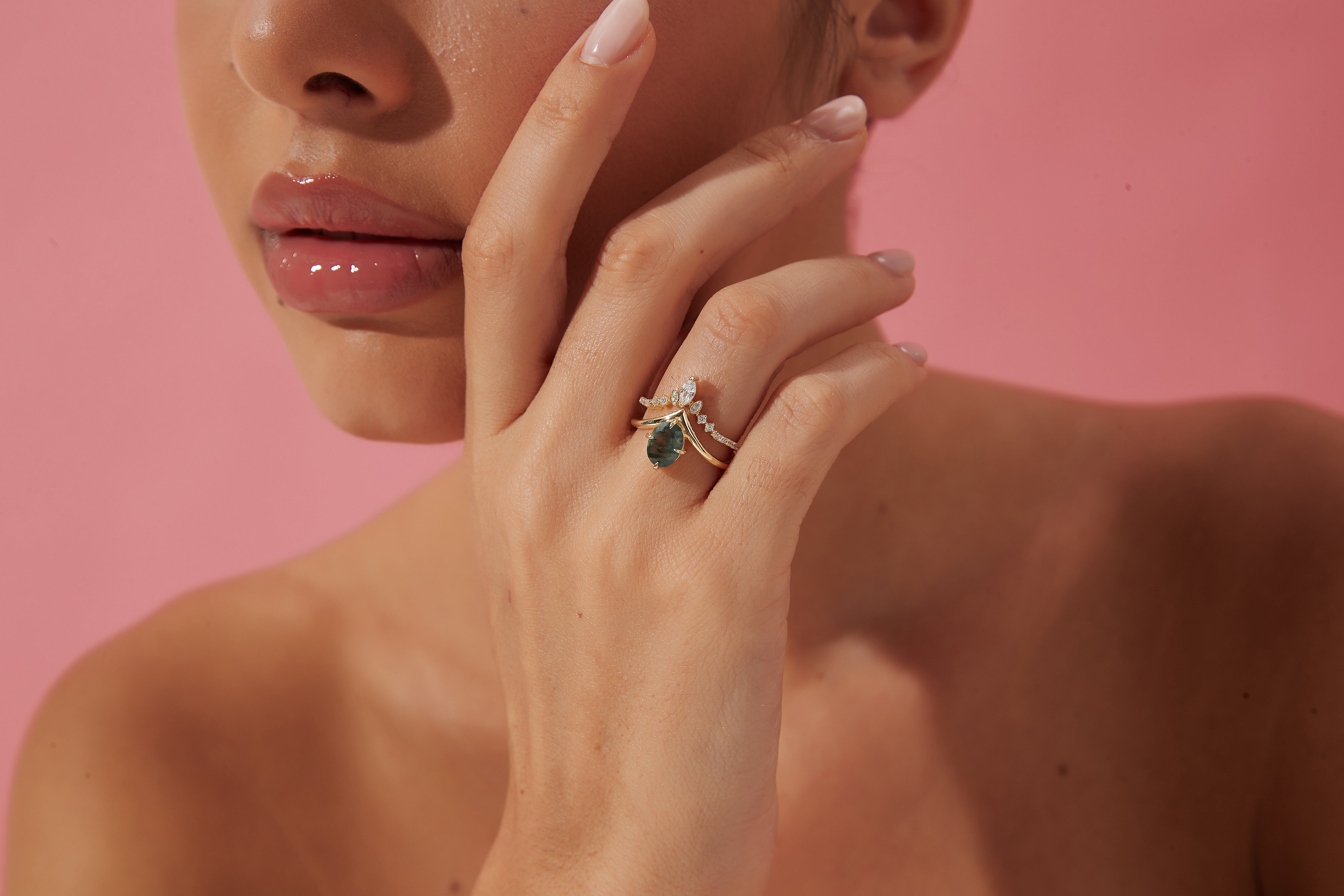 【ENSEMBLE DE JADE】Ensemble unique de bagues de fiançailles en agate mousse naturelle faite à la main, 2 pièces, forme ovale, 1,5 carat