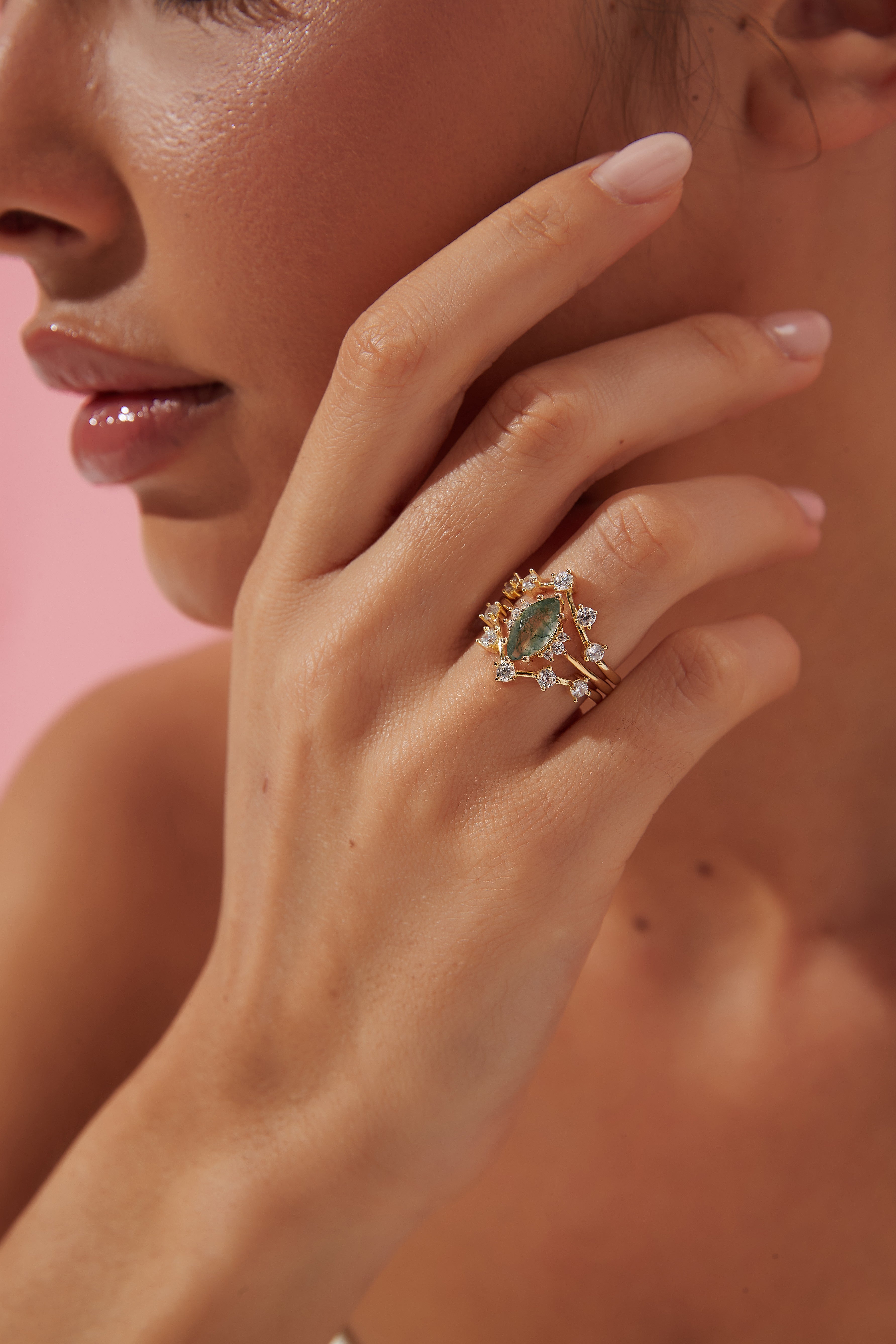 【CASSIOPEIA SET】Unique Handmade Natural Moss Agate Engagement Ring Set 3pcs Marquise Cut 1ct