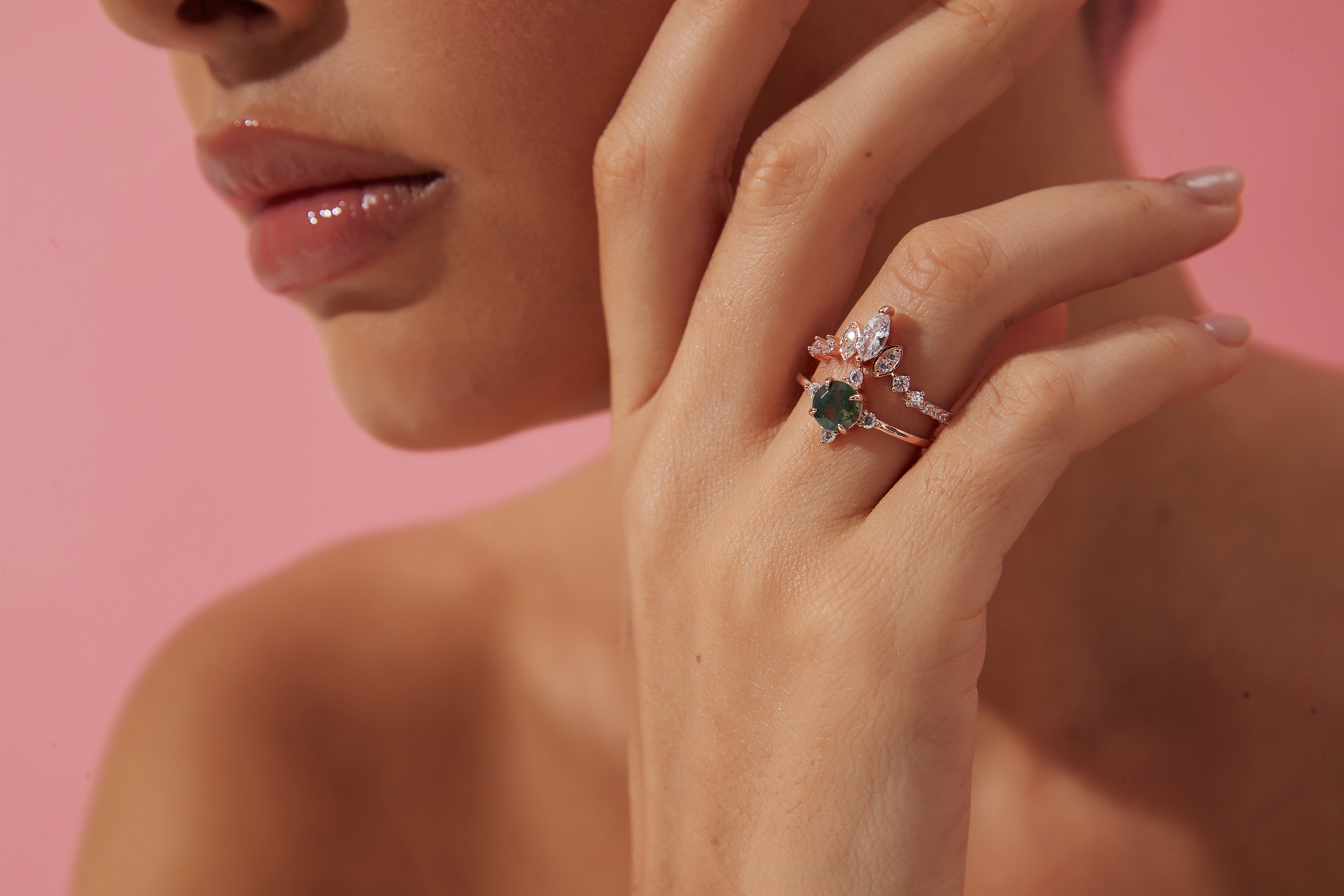 【THAILA】Bague de fiançailles unique, faite main, en agate mousse naturelle, 2 carats, forme ronde, 0,8 carat