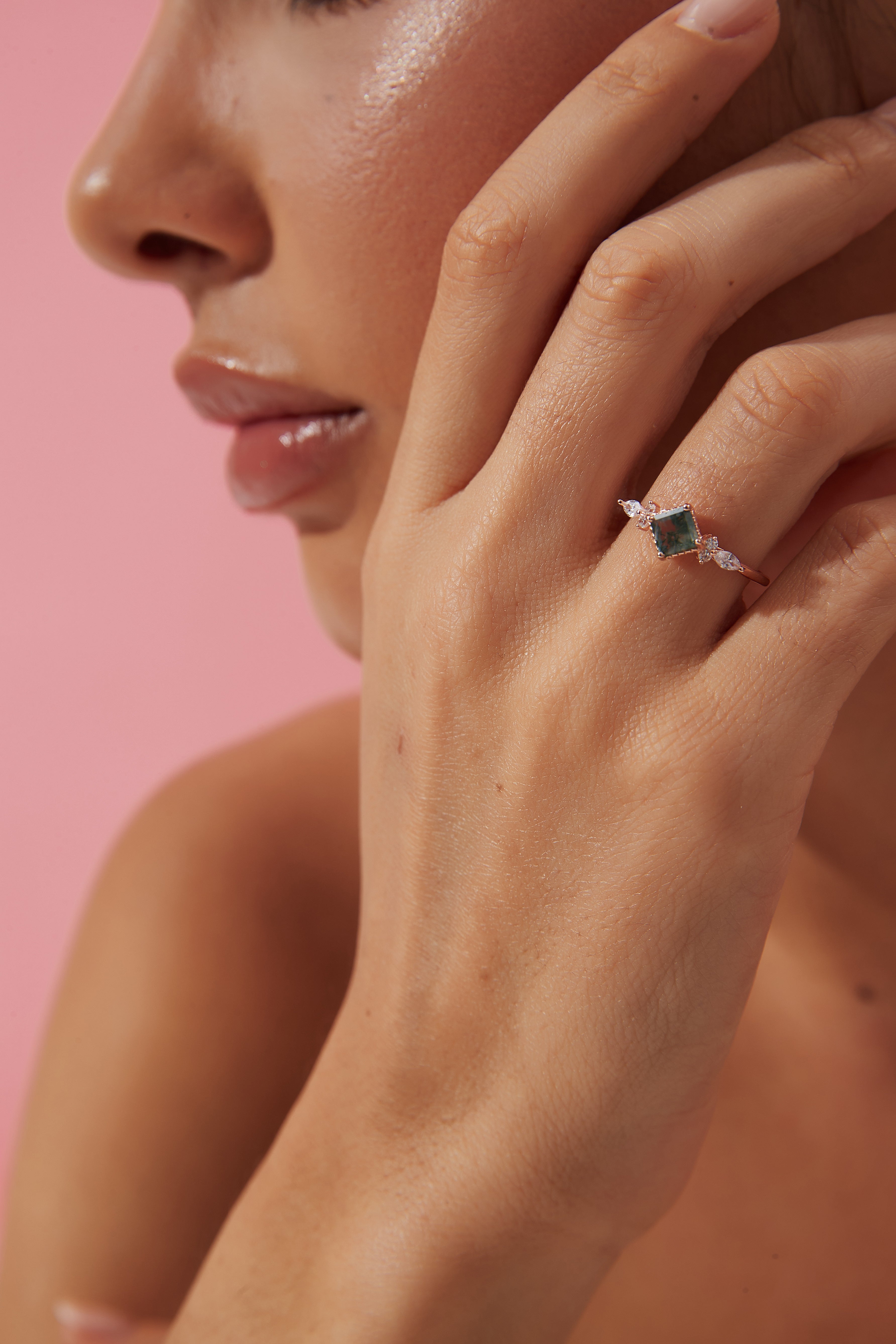 【ENSEMBLE GAIA】Ensemble de 2 bagues de fiançailles uniques, faites à la main, en agate mousse naturelle de 0,75 ct, forme princesse