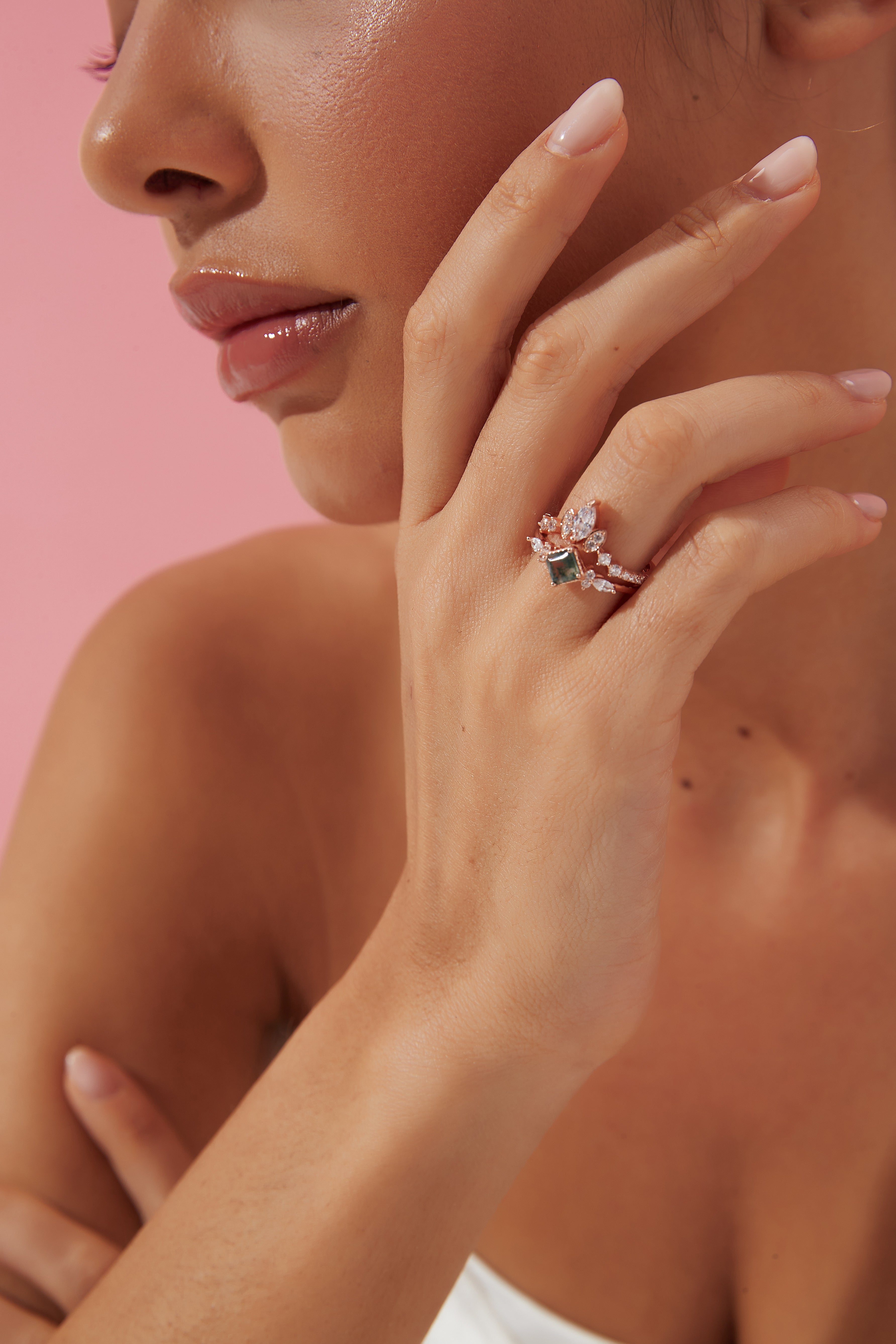 【GAIA SET】Unique Handmade Natural Moss Agate Engagement Ring Set 2pcs 0.75ct Princess Shape