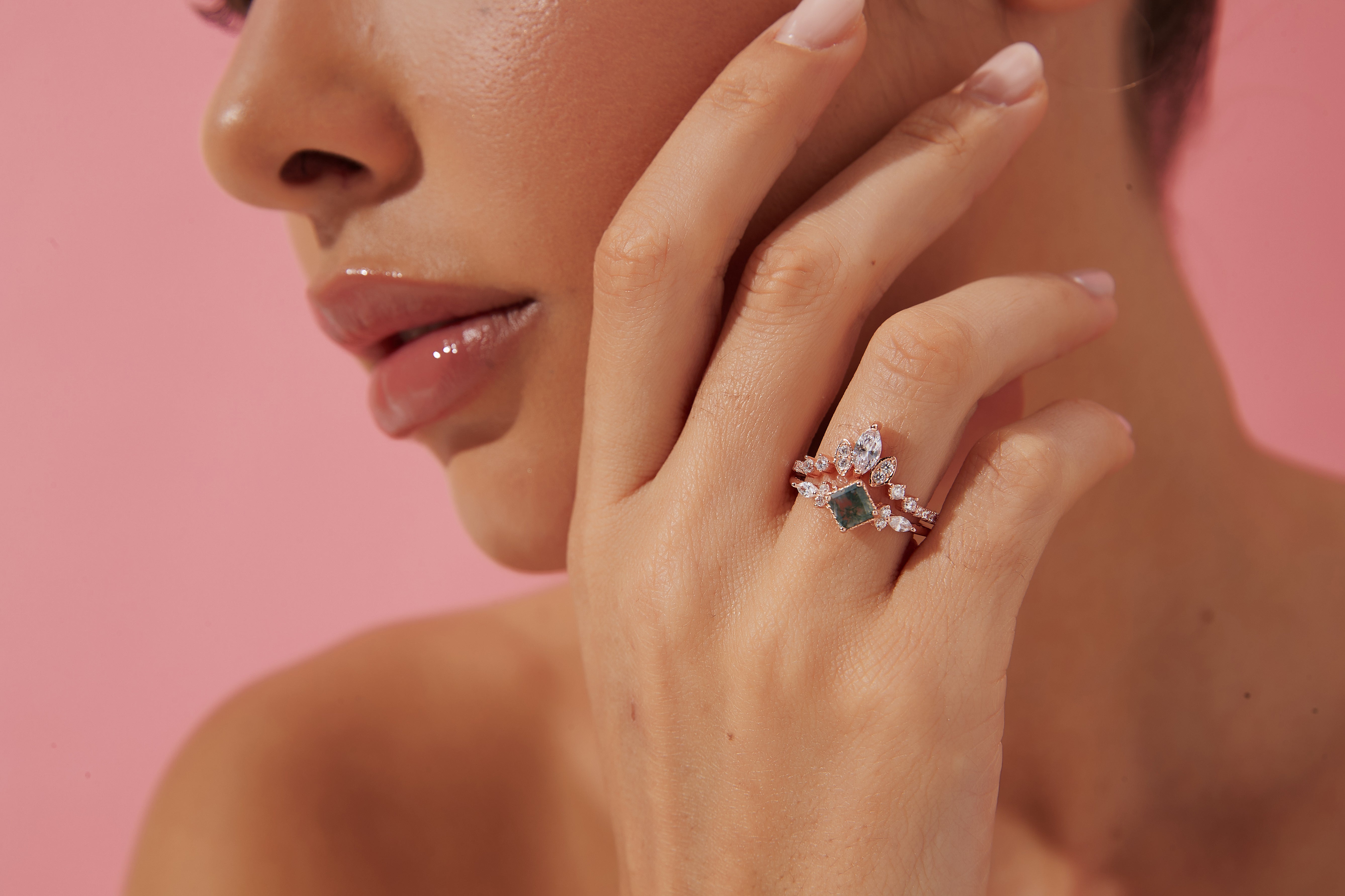 【GAIA SET】Unique Handmade Natural Moss Agate Engagement Ring Set 2pcs 0.75ct Princess Shape