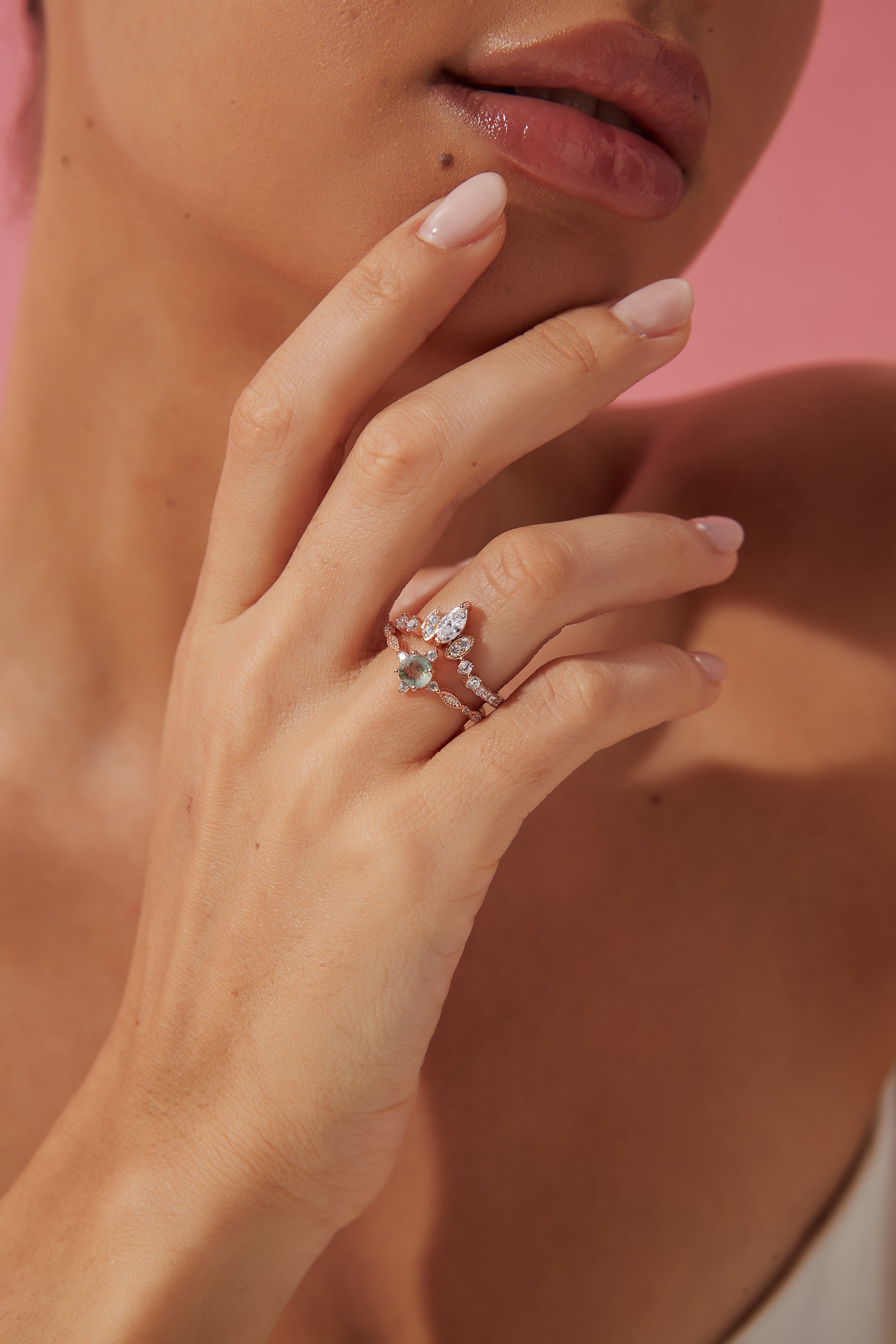 【Coralie】Unique Handmade Natural Moss Agate Engagement Ring 0.5ct Round Shape