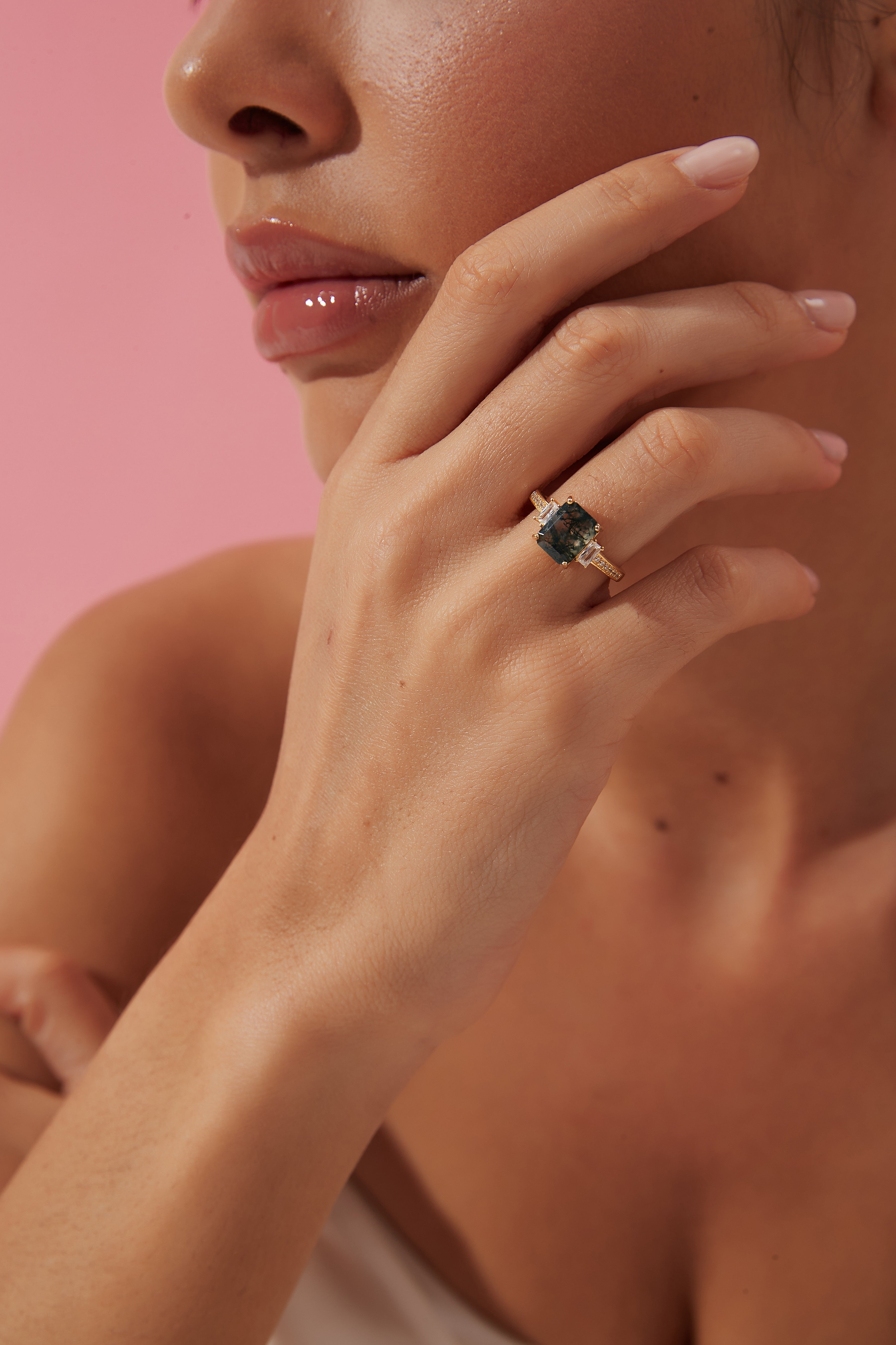 【Callista】Unique Handmade Natural Moss Agate Engagement Ring 2.5ct Emerald Cut