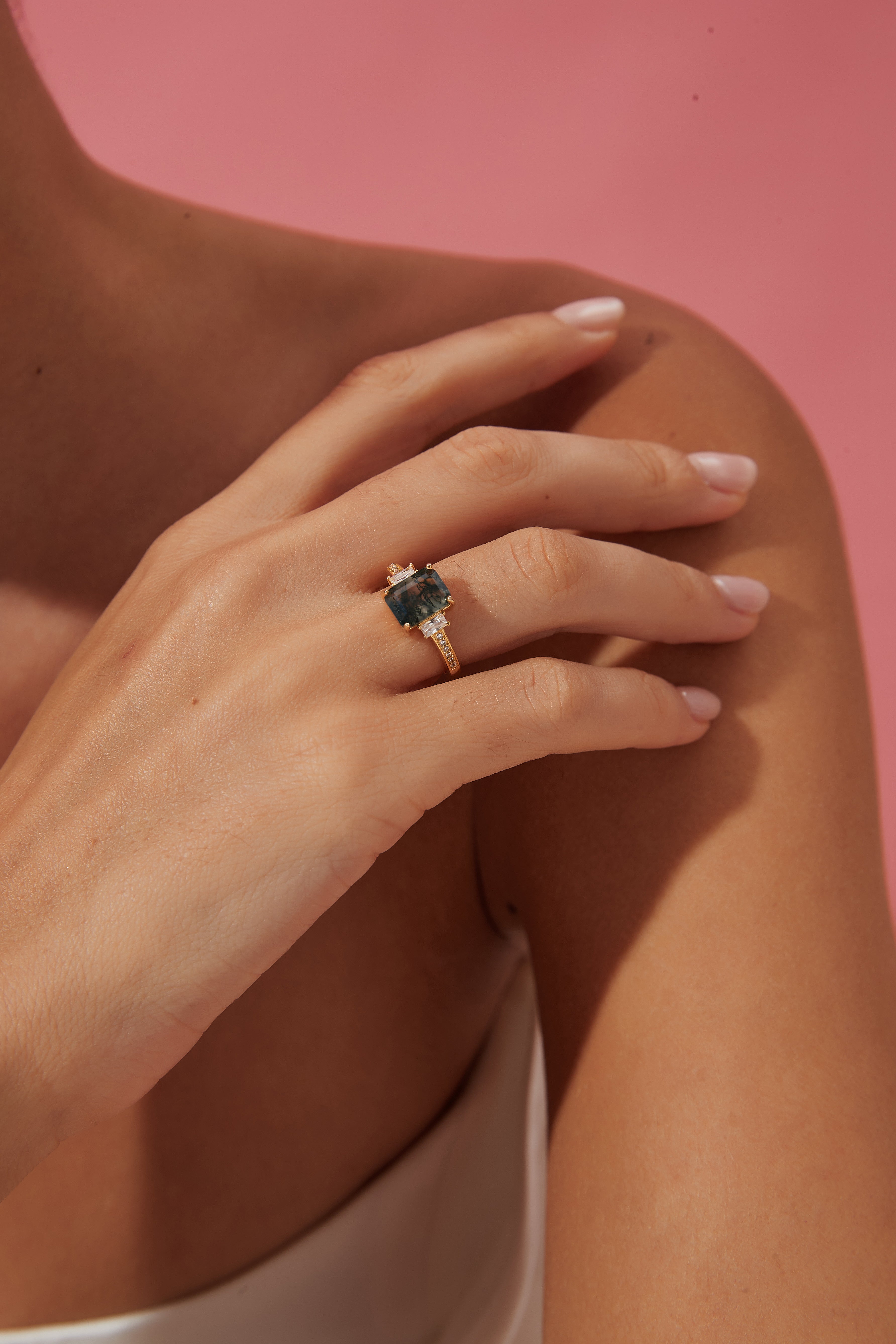 【Callista】Unique Handmade Natural Moss Agate Engagement Ring 2.5ct Cushion Shape