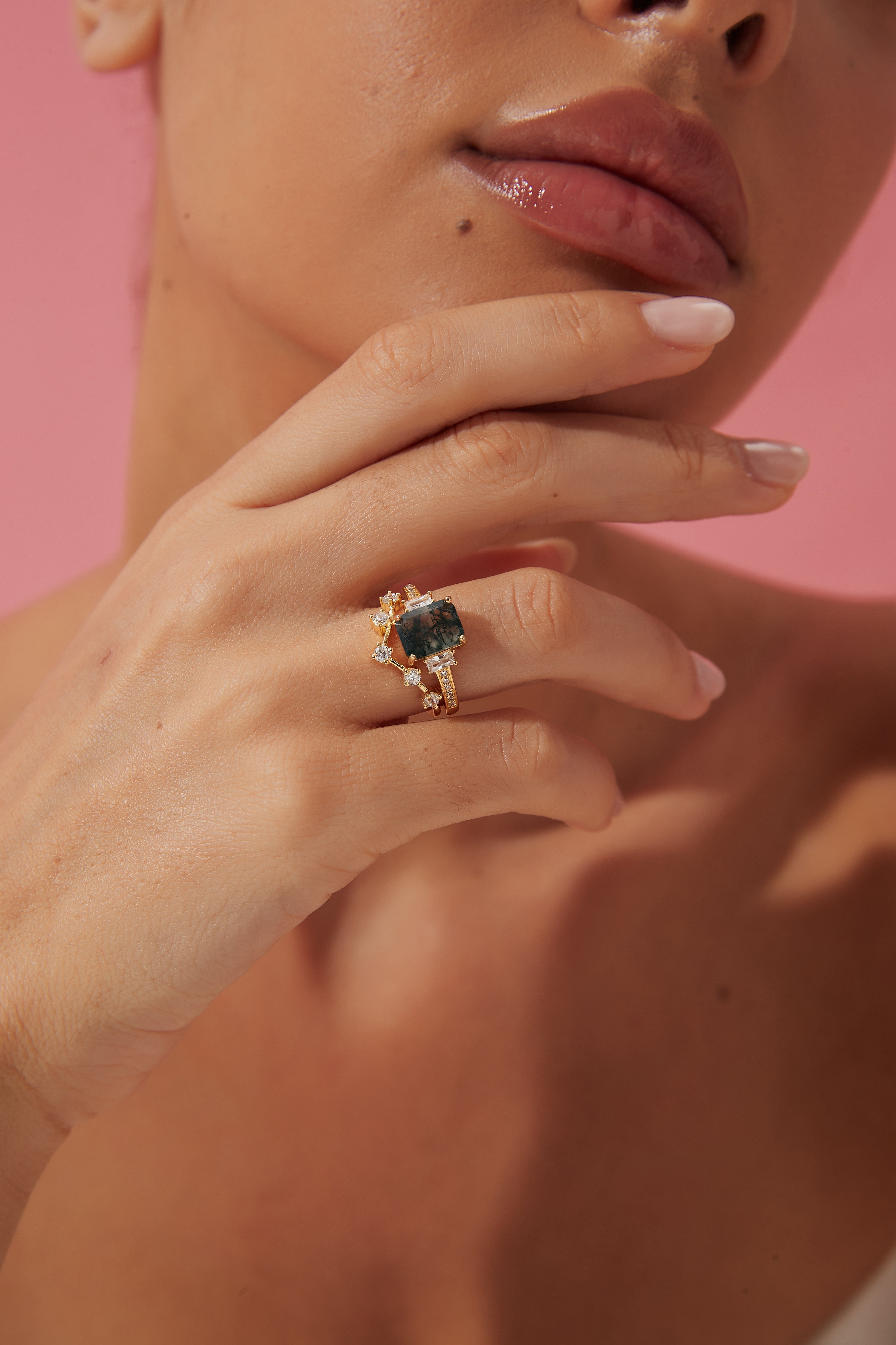 【Callista】Unique Handmade Natural Moss Agate Engagement Ring 2.5ct Emerald Cut