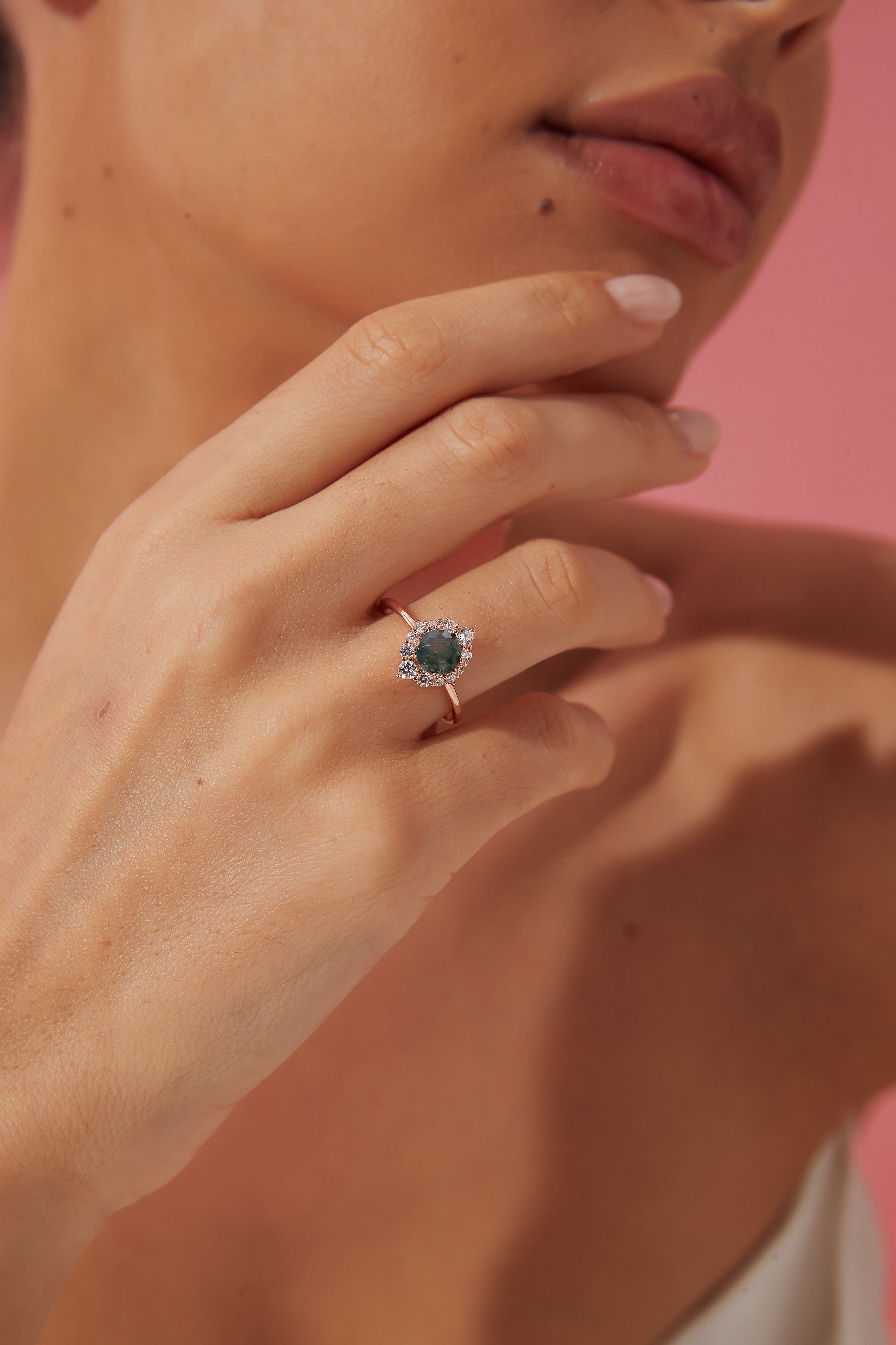 【Sylvana】Bague de fiançailles unique en agate mousse naturelle faite à la main, 0,8 ct, forme ronde