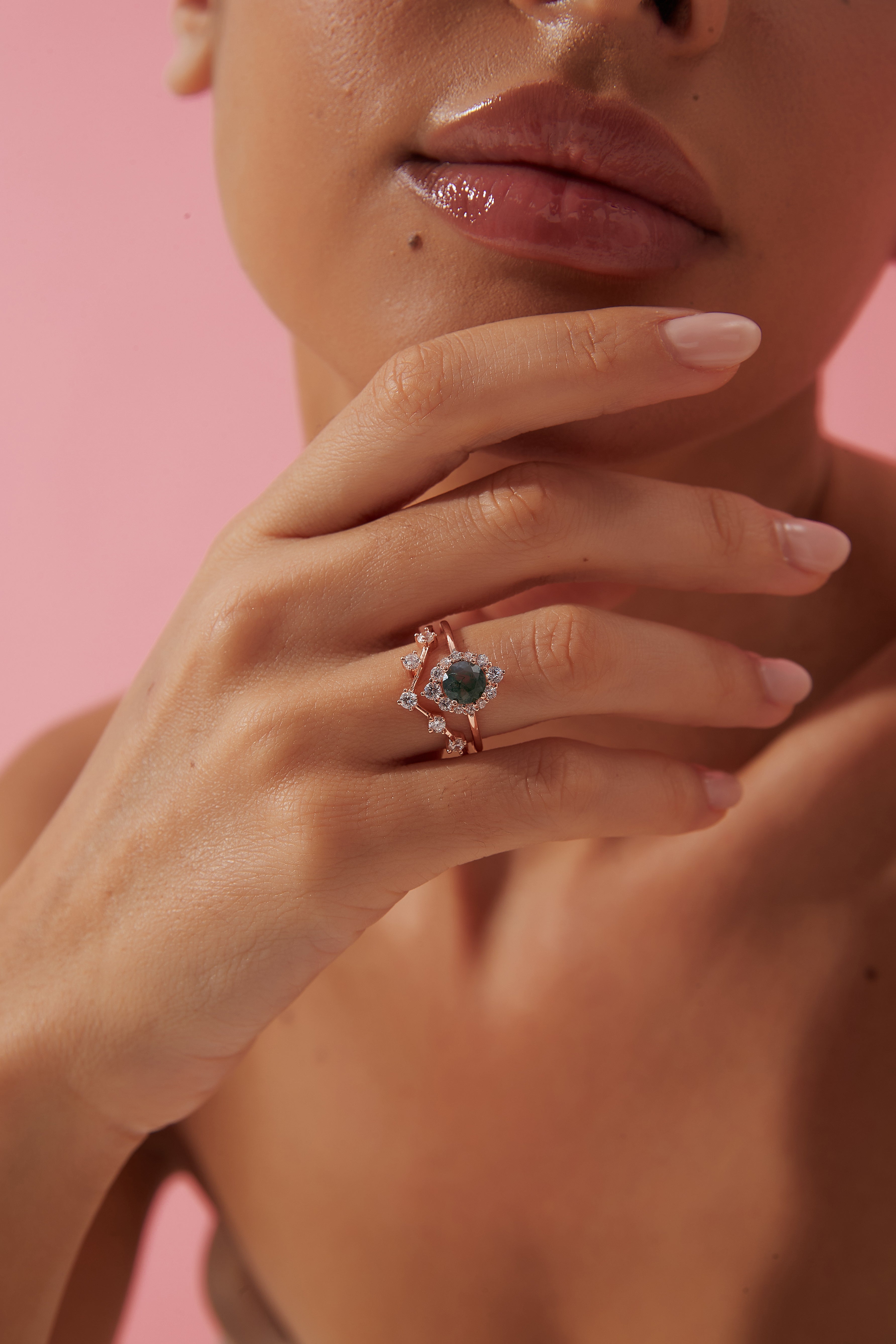 【Sylvana】Bague de fiançailles unique en agate mousse naturelle faite à la main, 0,8 ct, forme ronde