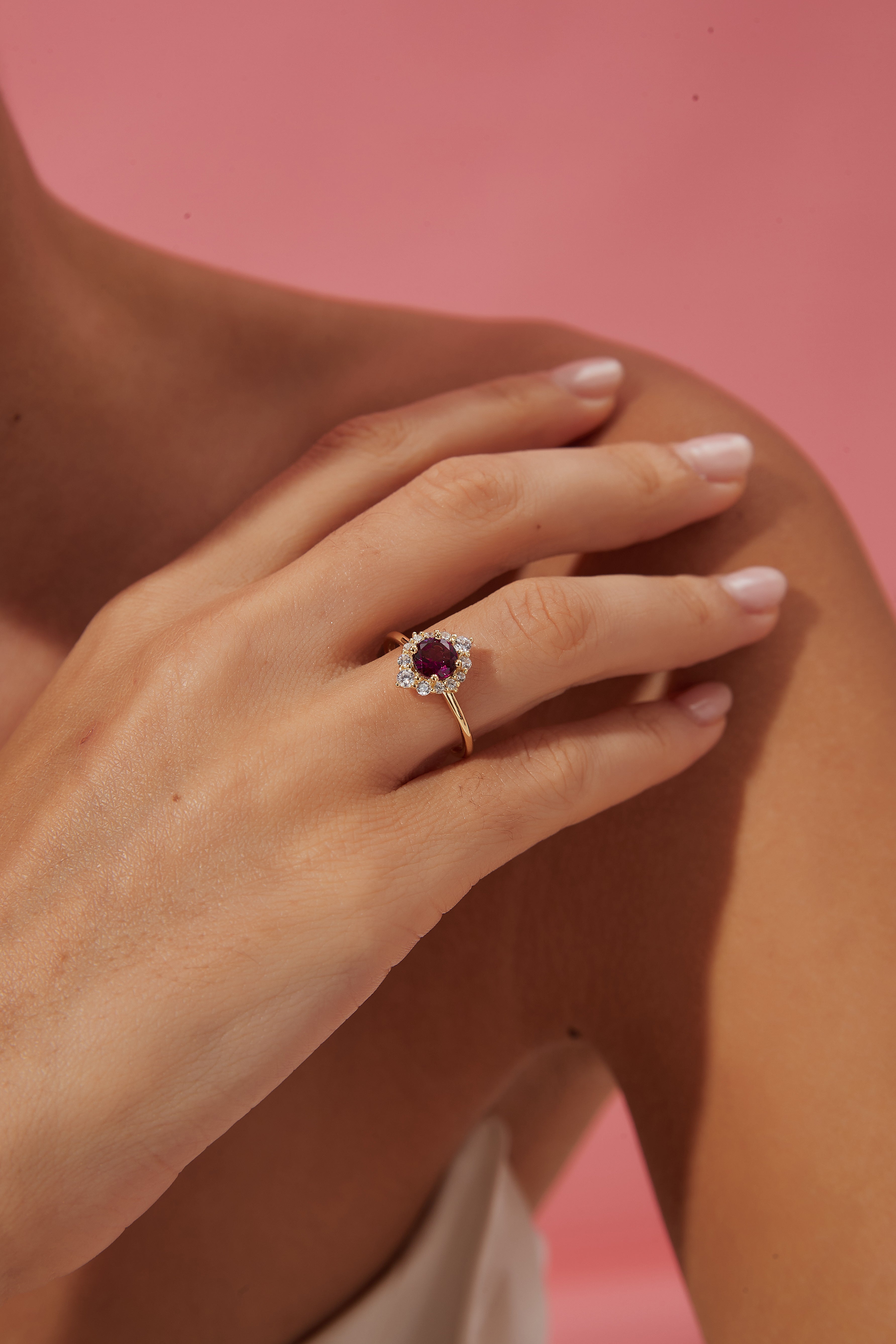 【Ensemble Cerise】Ensemble de 2 bagues de fiançailles en grenat rhodolite naturel fait main, 0,8 ct, forme ronde