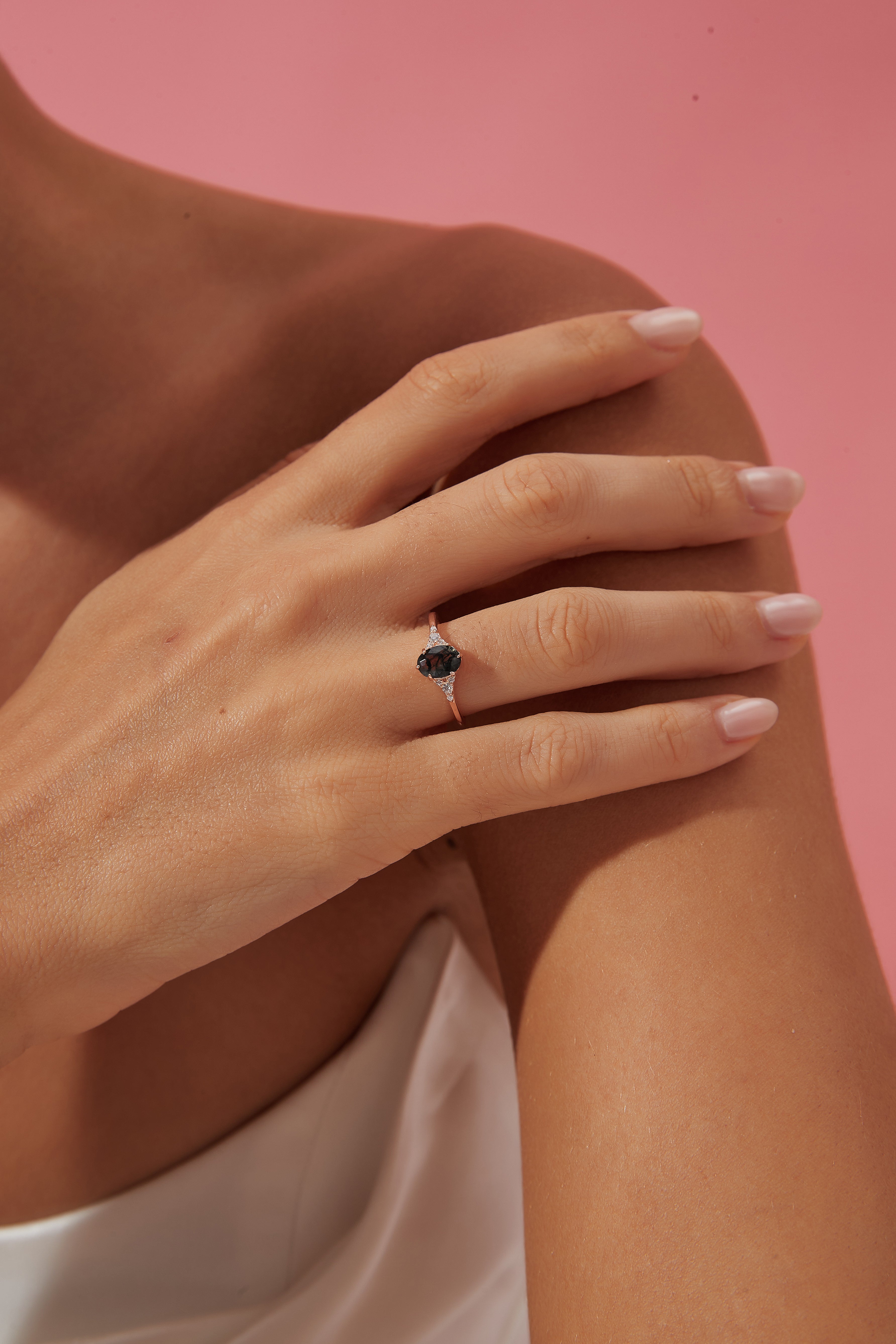 【Aetheria】Unique Handmade Natural Moss Agate Engagement Ring 0.75ct Oval Cut