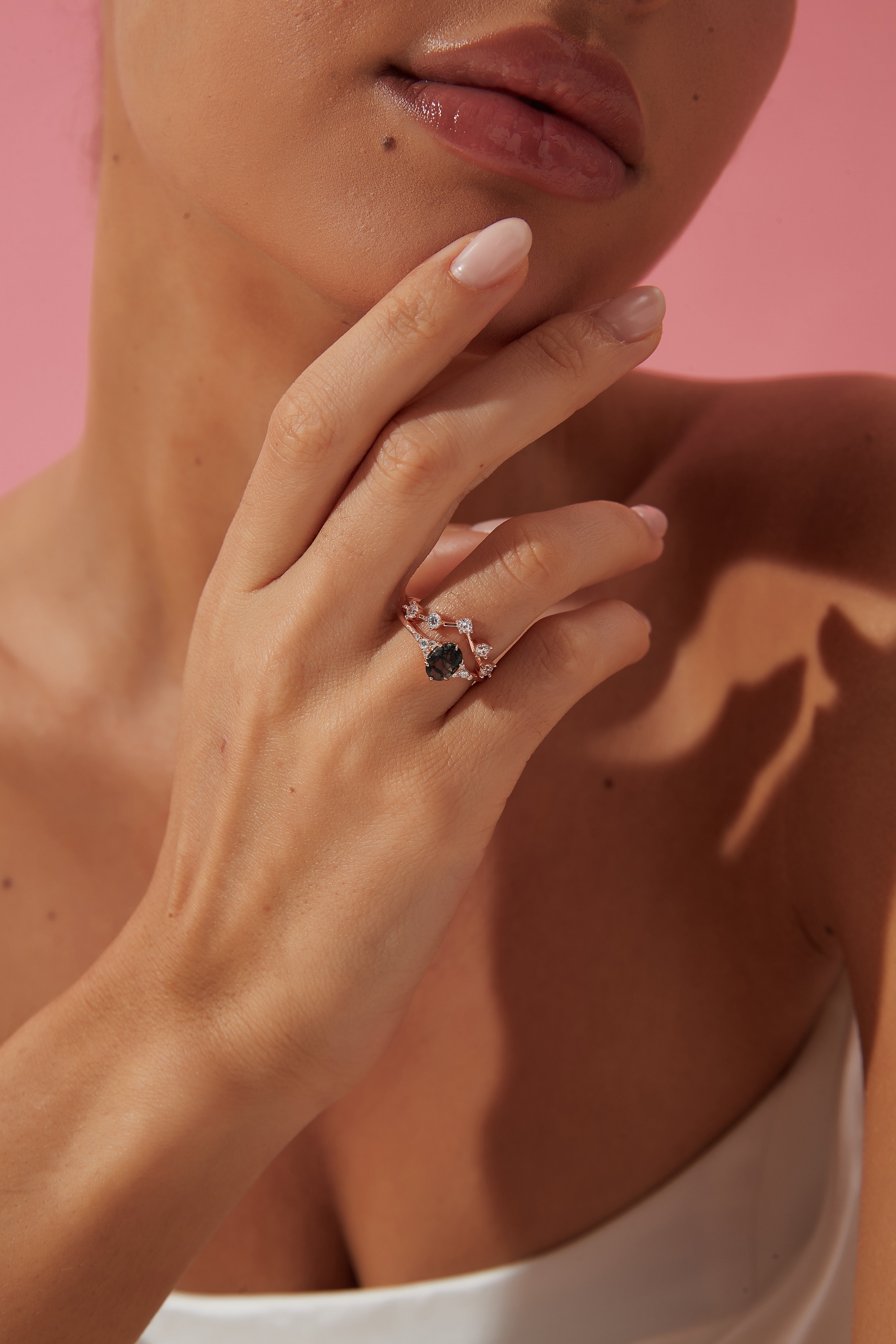 【Aetheria Set】Unique Handmade Natural Moss Agate Engagement Ring Set 2pcs 0.75ct Oval Shape