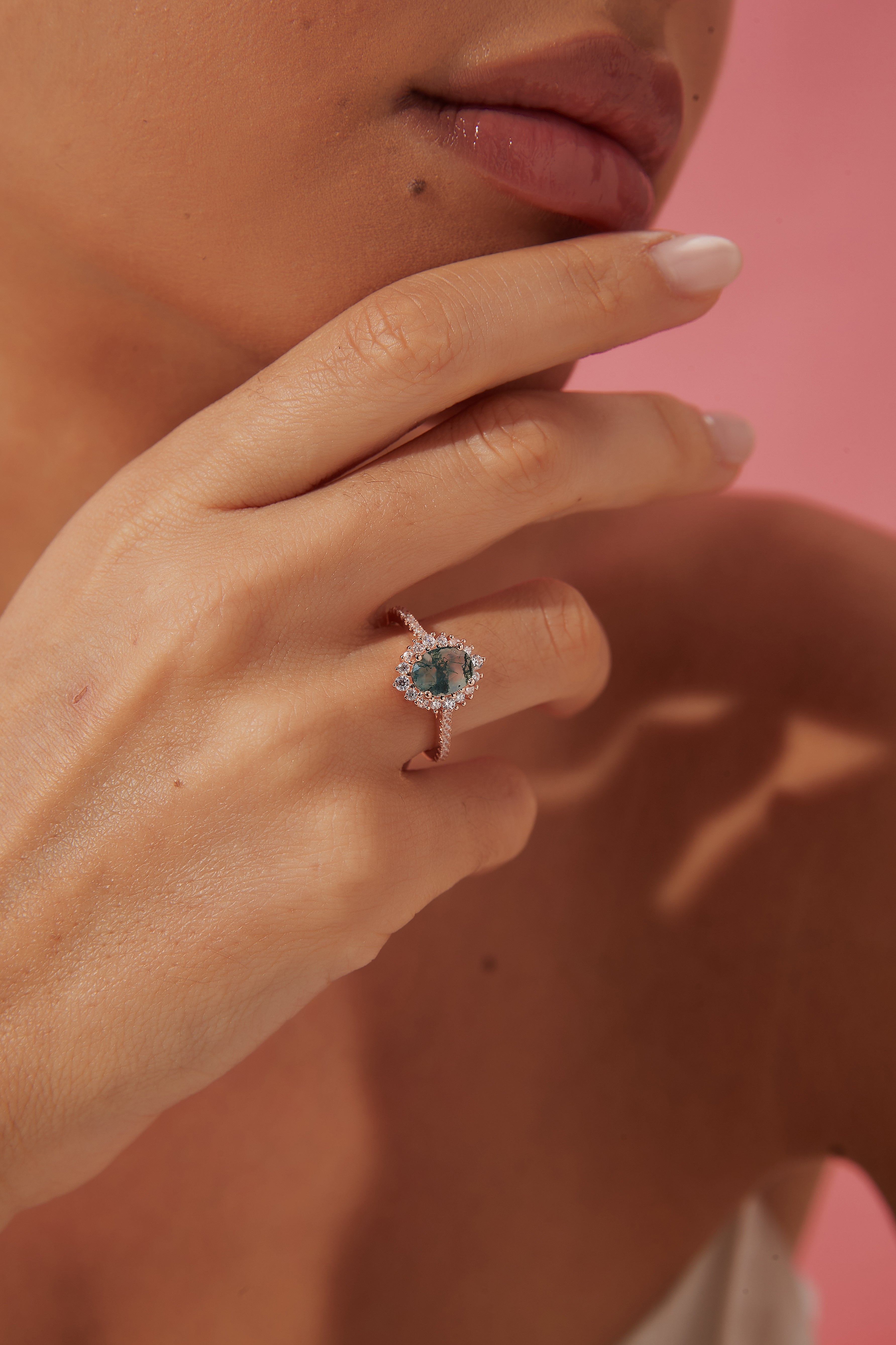 【Solara】Unique Handmade Natural Moss Agate Engagement Ring 1.5ct Oval Shape