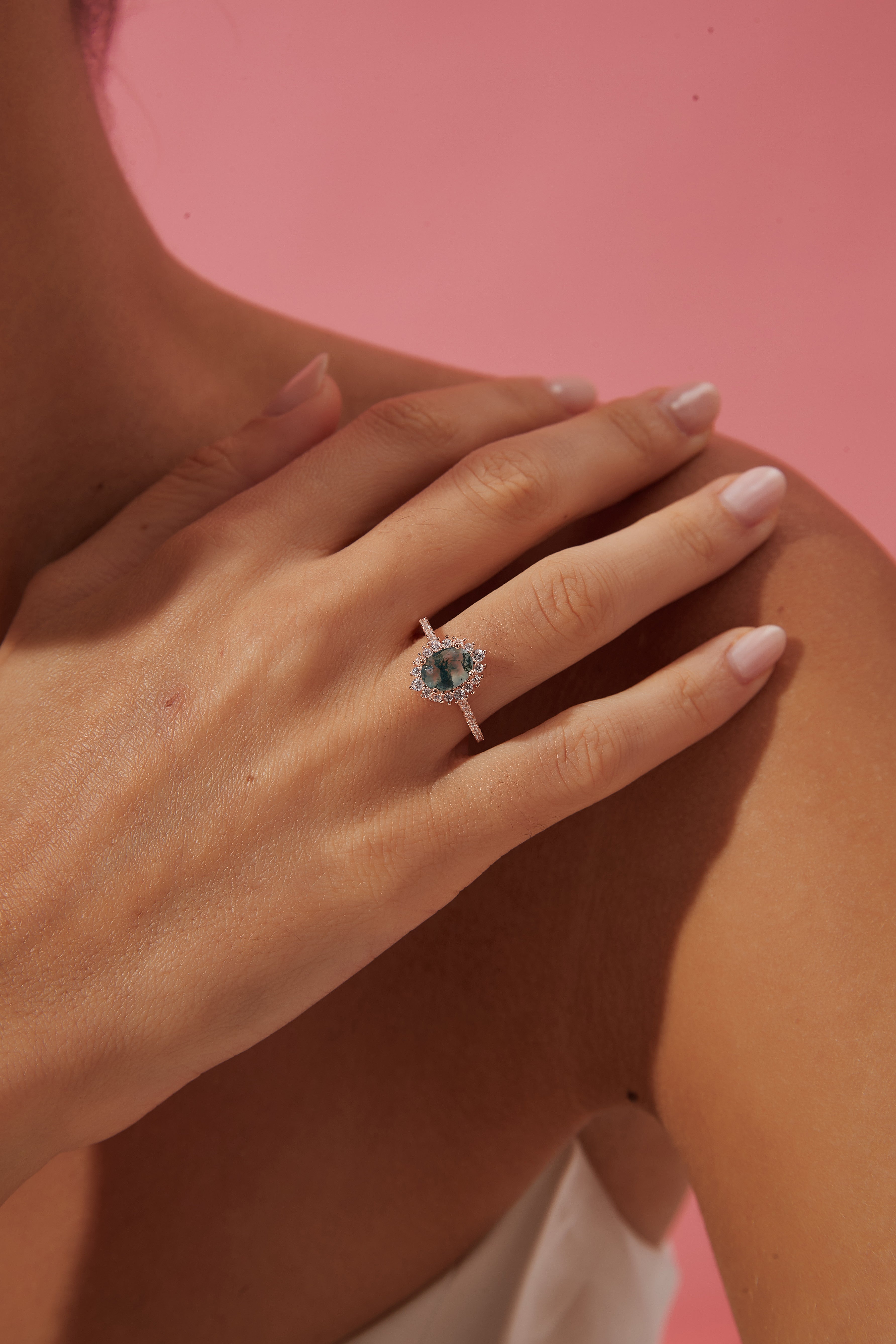 【Solara】Unique Handmade Natural Moss Agate Engagement Ring 1.5ct Oval Shape