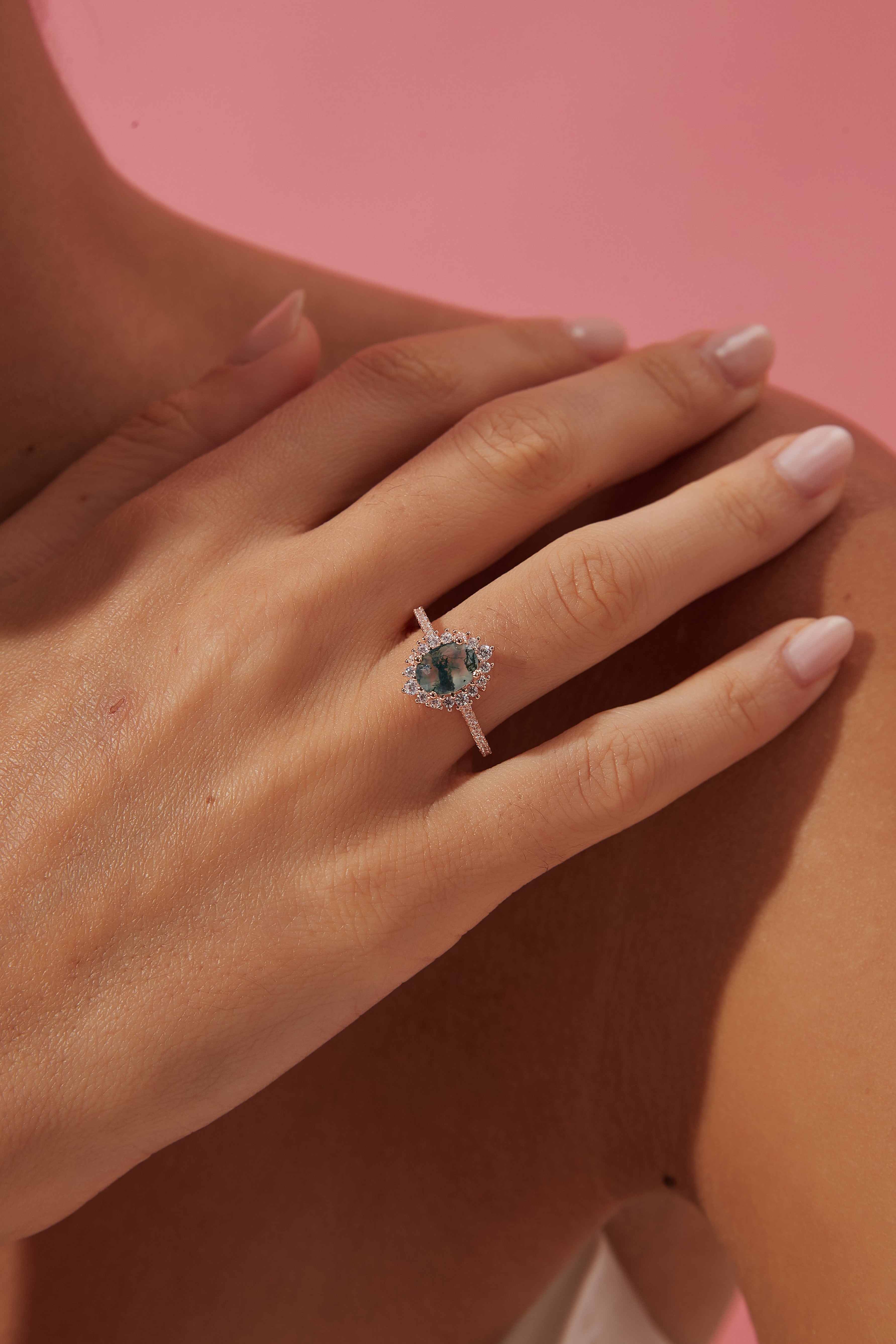 【Solara】Unique Handmade Natural Moss Agate Engagement Ring 1.5ct Oval Cut