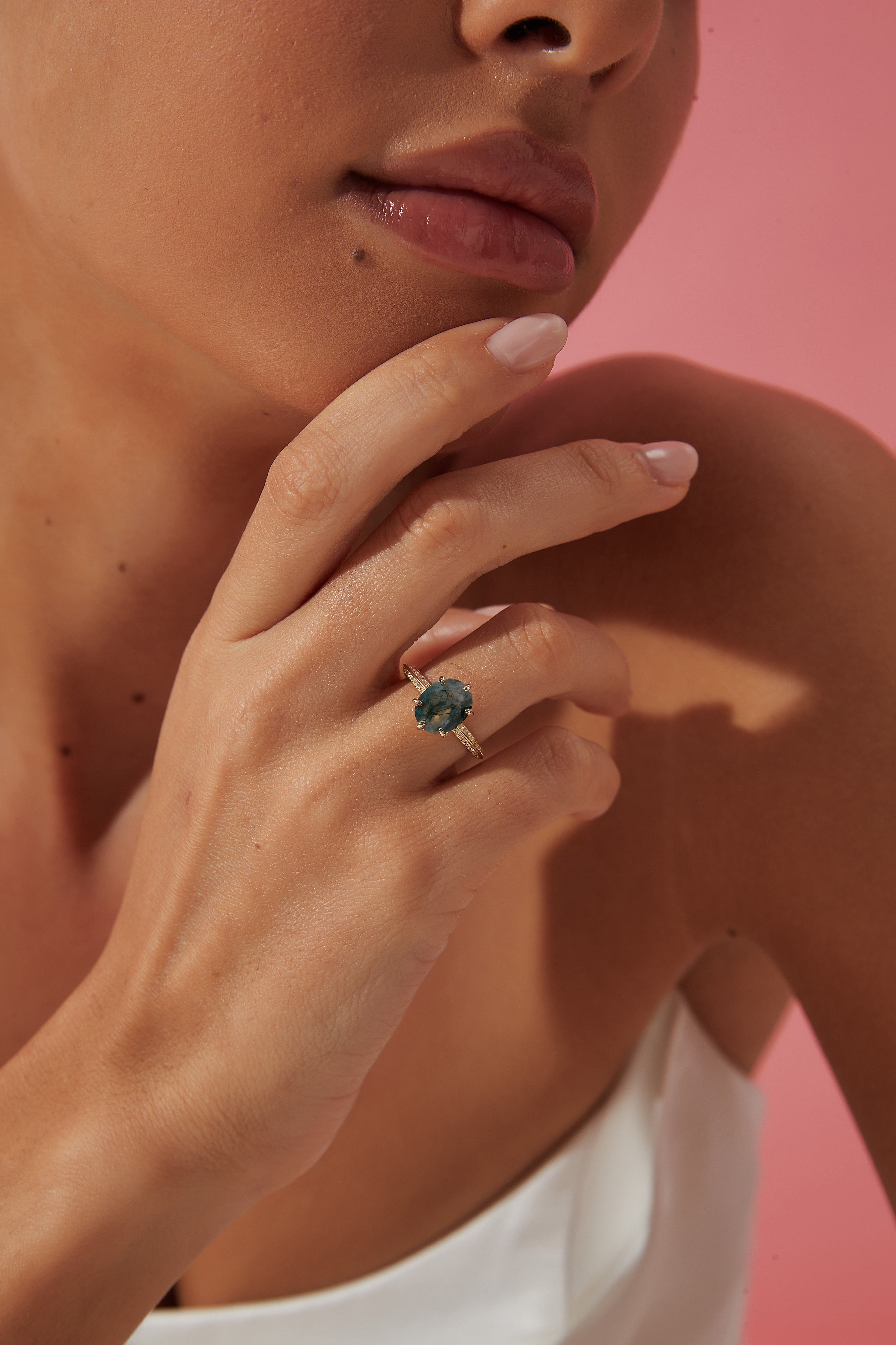 【Mysterium】Unique Handmade Natural Moss Agate Engagement Ring 3ct Oval Shape