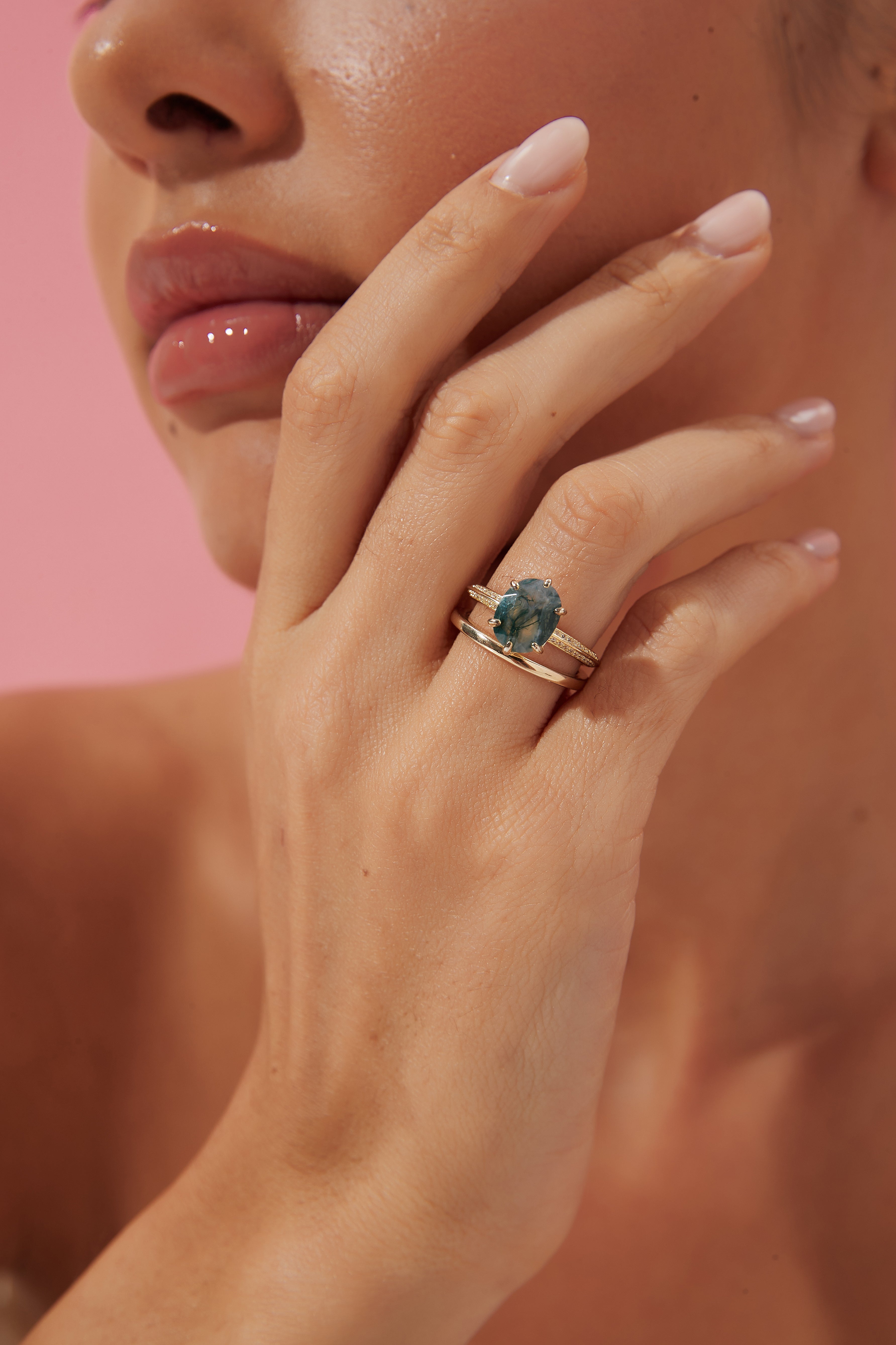 【Ensemble Mysterium】Ensemble unique de bagues de fiançailles en agate mousse naturelle faite à la main, 2 pièces, 3 carats, forme ovale