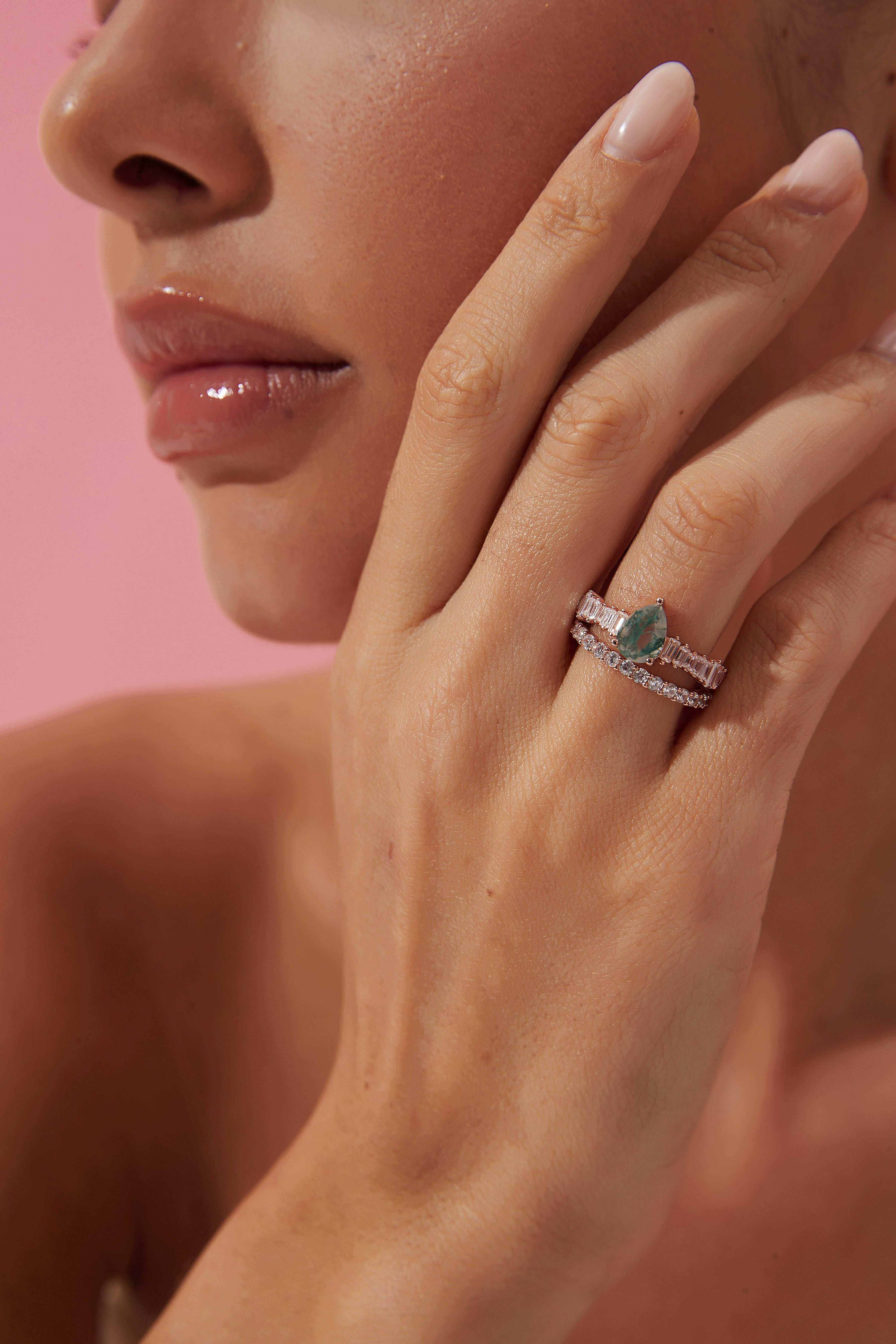 【Dewdrop Canopy】Unique Handmade Natural Moss Agate Engagement Ring 0.8ct Pear Shape