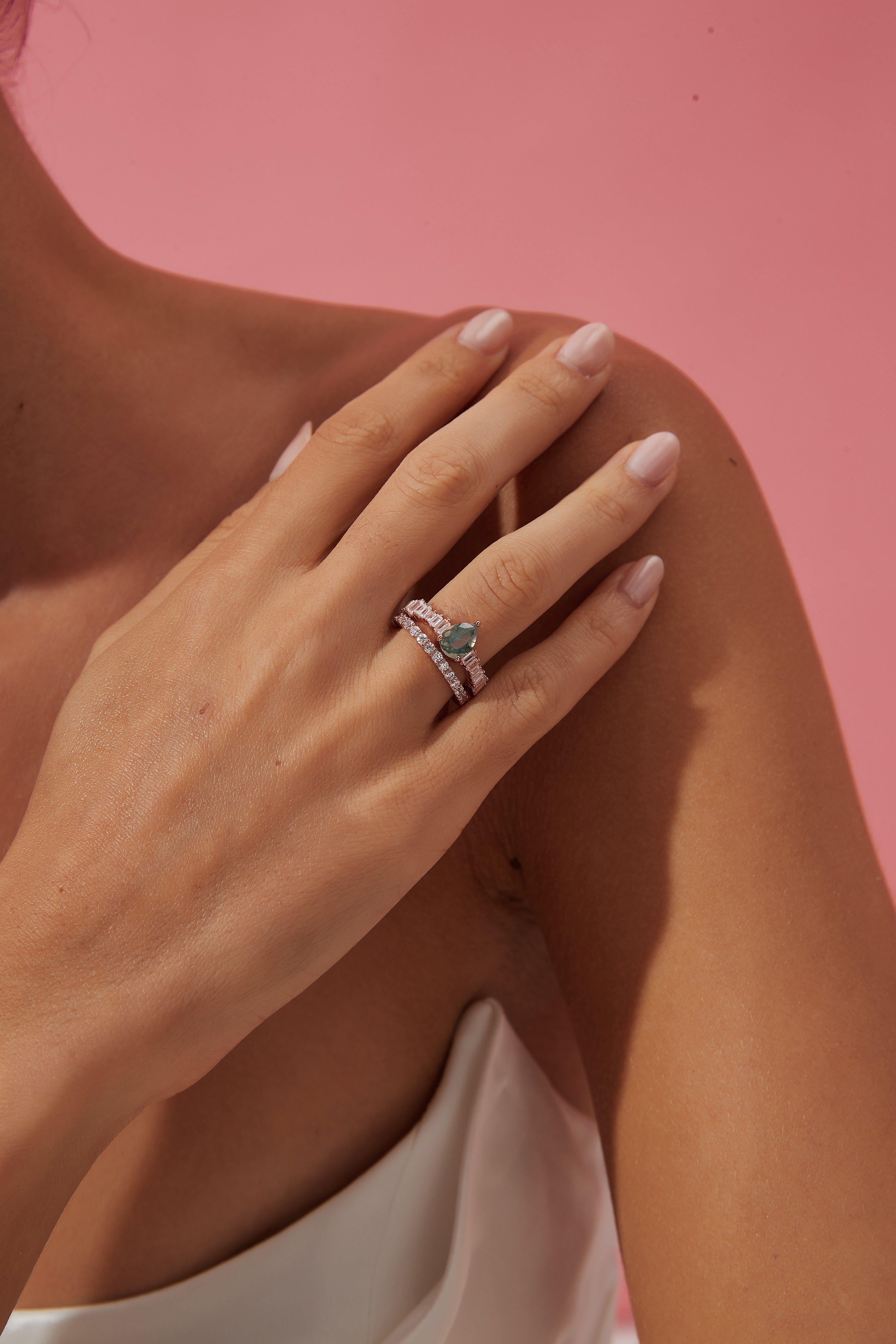 【Dewdrop Canopy】Unique Handmade Natural Moss Agate Engagement Ring 0.8ct Pear Shape