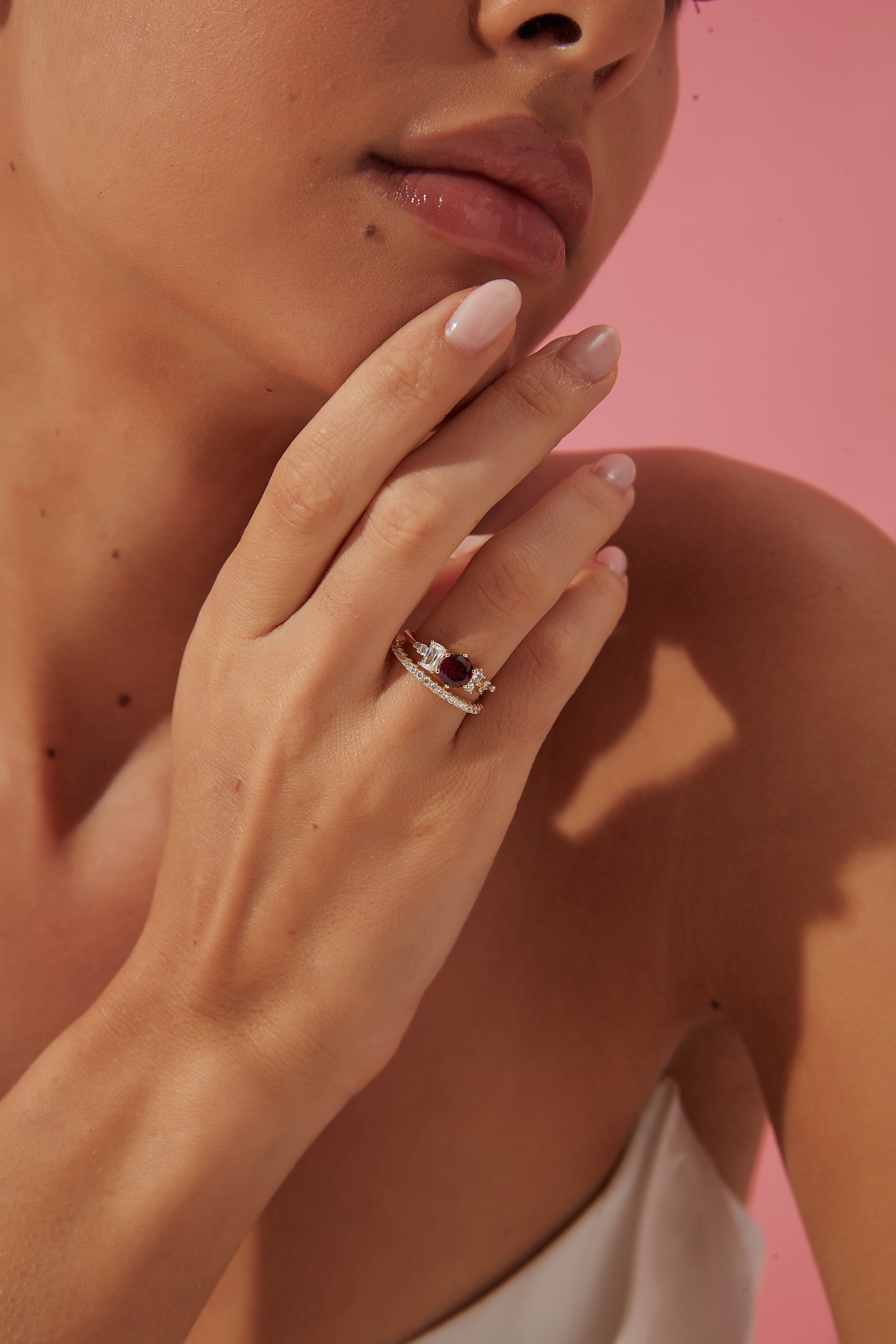 【Amaranth Set】Unique Handmade Natural Rhodolite Garnet Engagement Ring Set 2pcs 0.8ct Round Cut