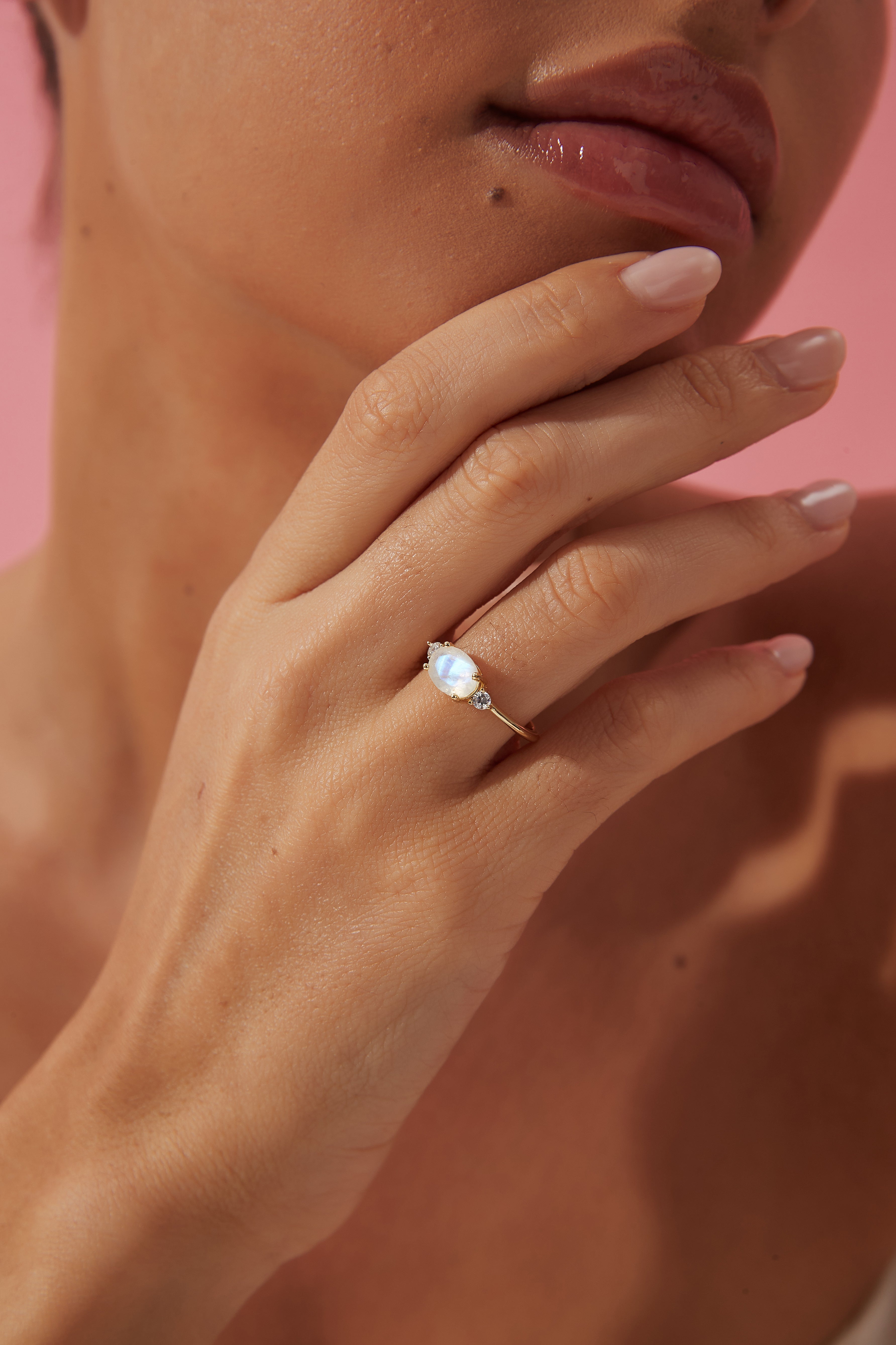 【Lunette】Unique Handmade Natural Blue Moonstone Engagement Ring Set Oval Shape