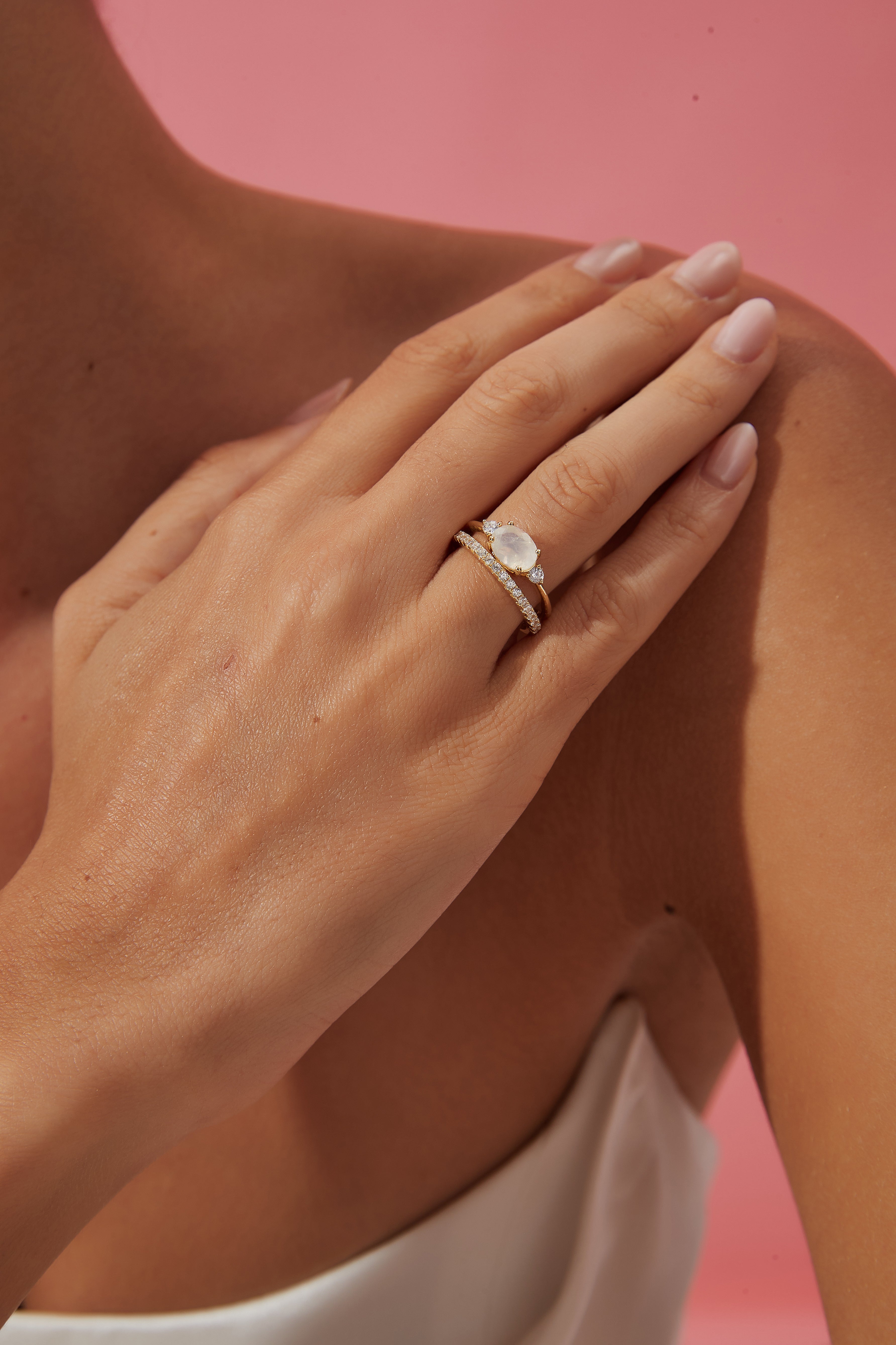 【Lunette Set】Unique Handmade Natural Blue Moonstone Engagement Ring Set 2pcs 1.5ct Oval Cut