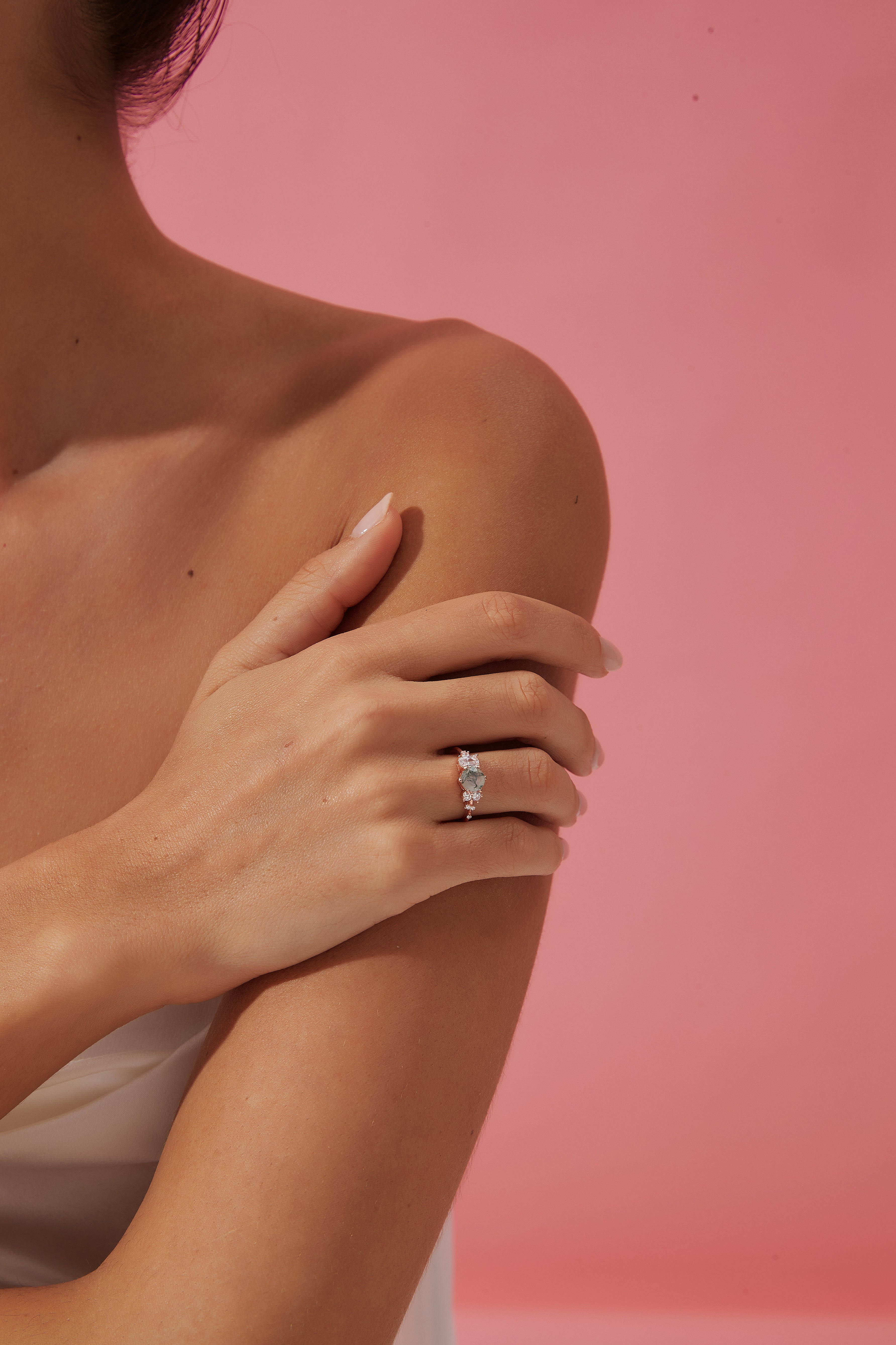 【Veridia Cascade】Unique Handmade Natural Moss Agate Engagement Ring 0.8ct Round Cut