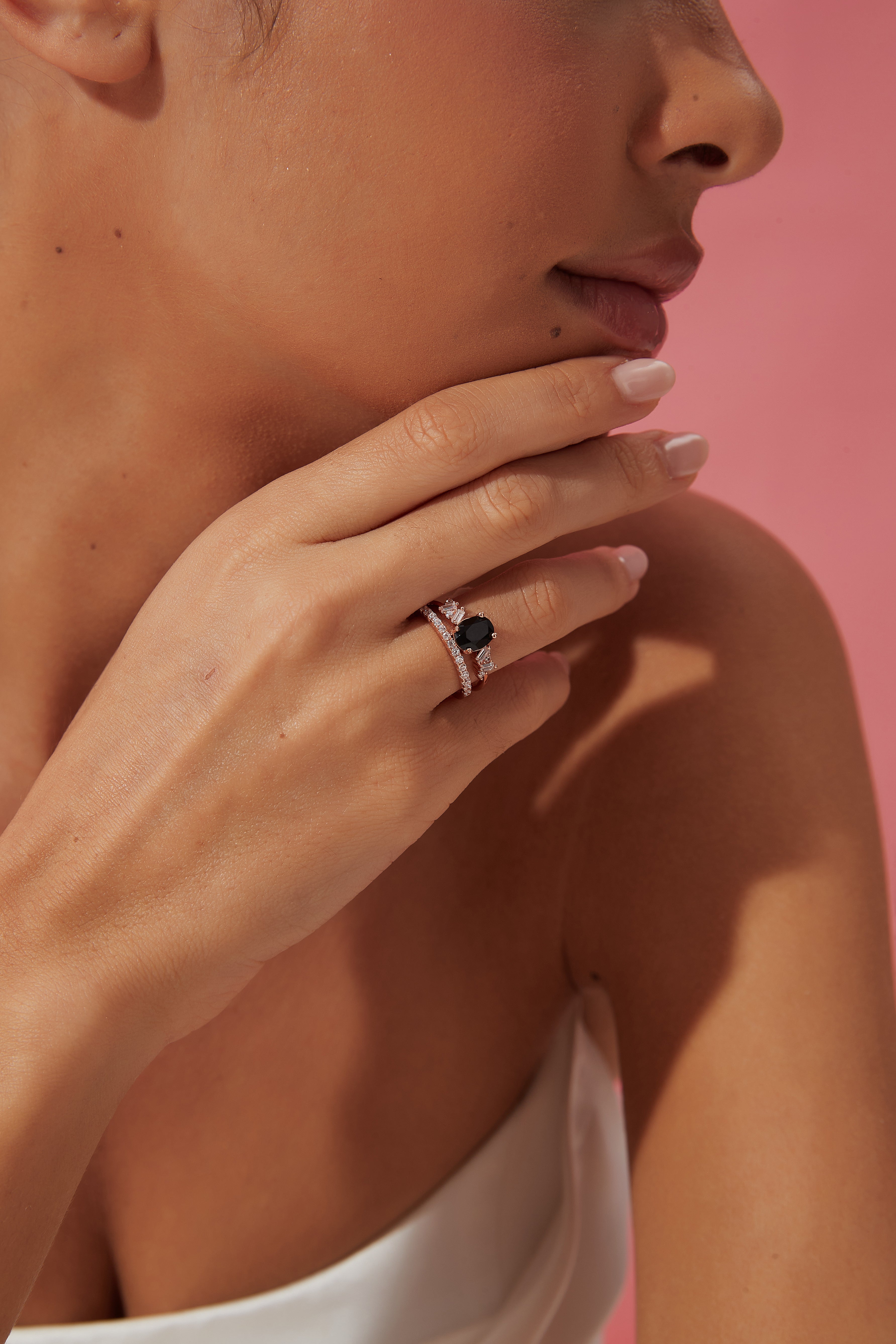 【Ensemble Eclipsa】Ensemble de 2 bagues de fiançailles ovales en onyx noir naturel fait main (1,5 ct).