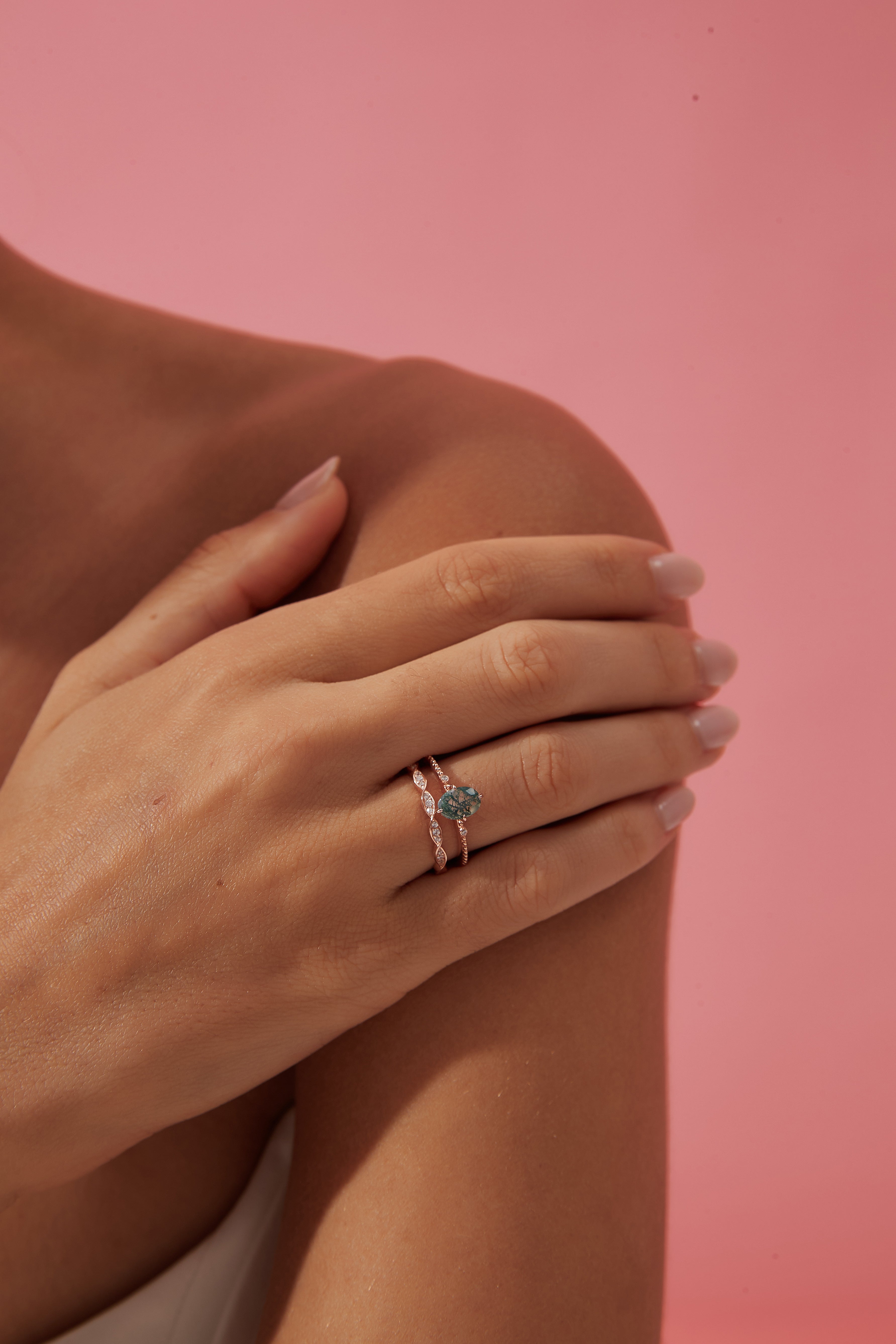 【Veridia】Unique Handmade Natural Moss Agate Engagement Ring 3ct Oval Cut