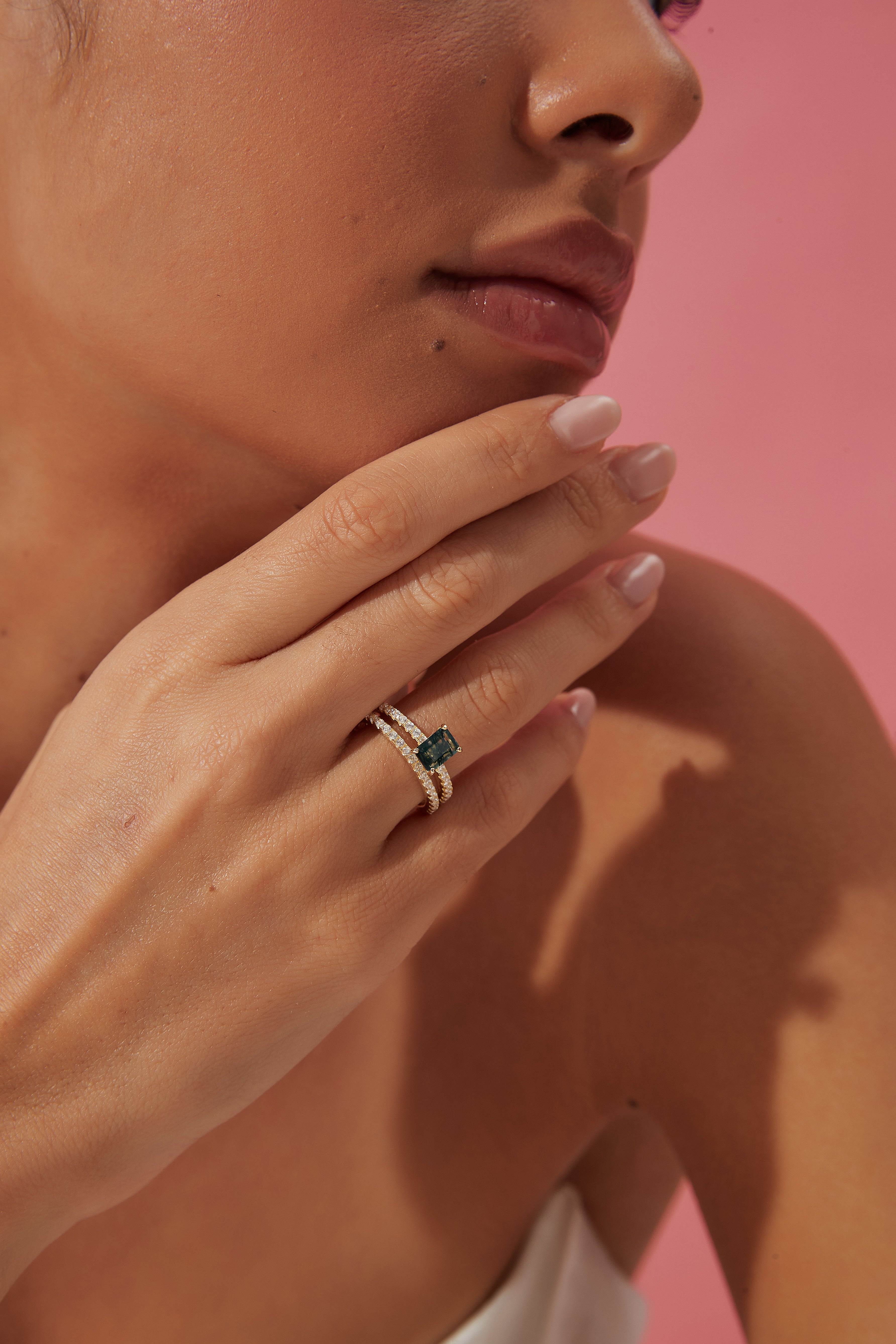 【Ensemble Laguna】Ensemble de 2 bagues de fiançailles uniques, faites à la main, en agate mousse naturelle, 1 carat, forme baguette