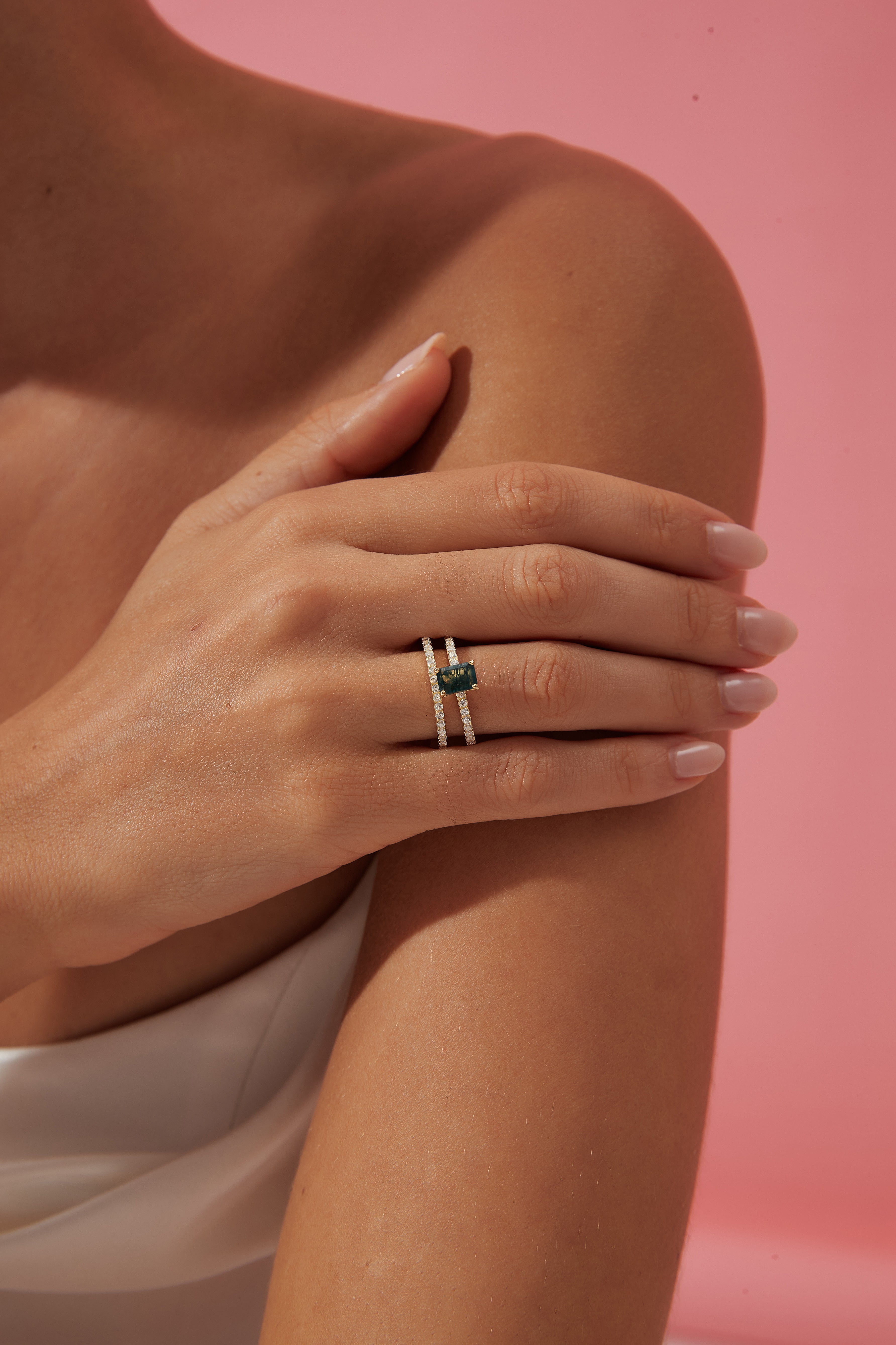 【Laguna】Unique Handmade Natural Moss Agate Engagement Ring 1ct Emerald Cut