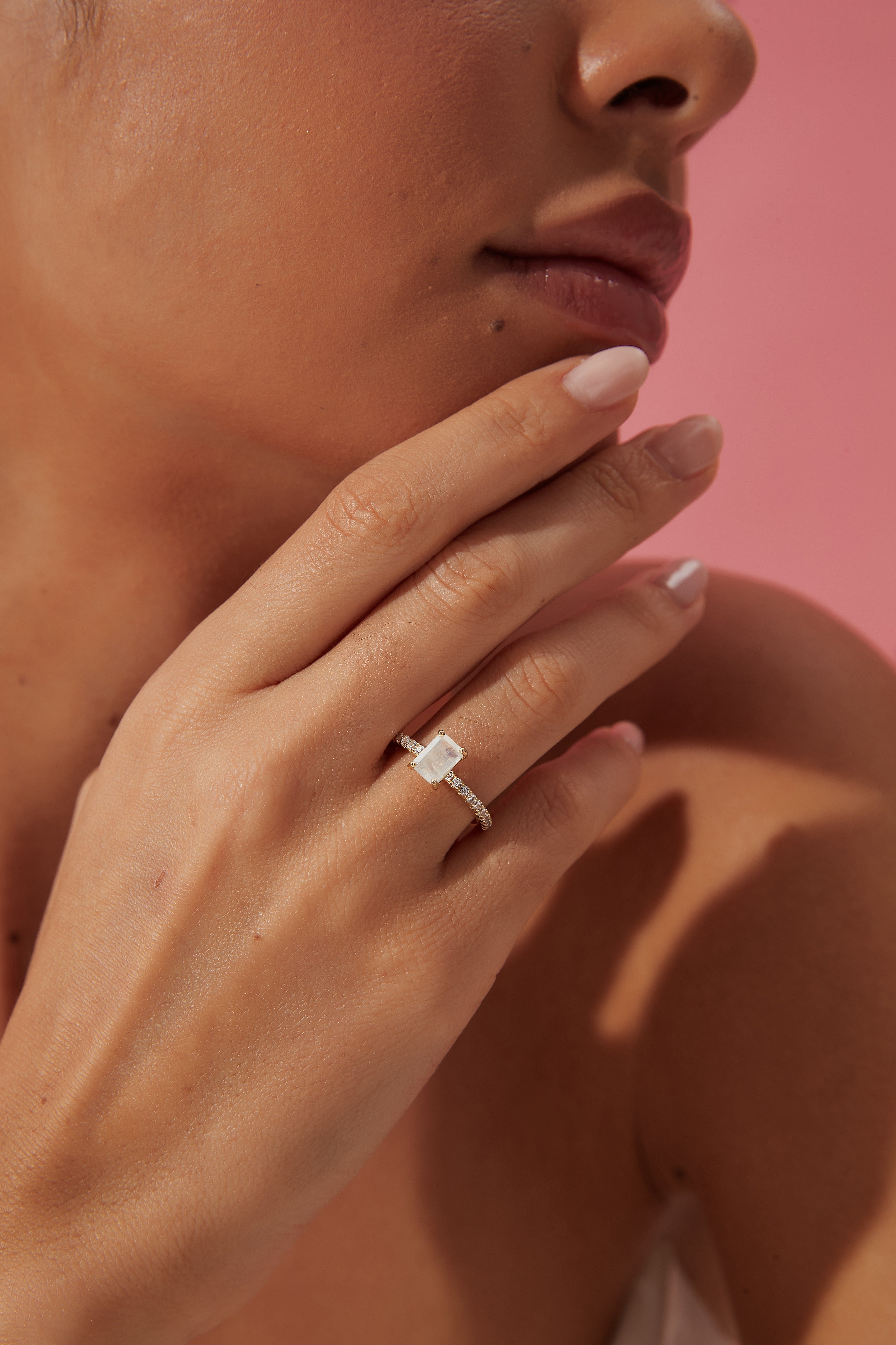 【Iris】Unique Handmade Natural Blue Moonstone Engagement Ring 1ct Emerald Cut