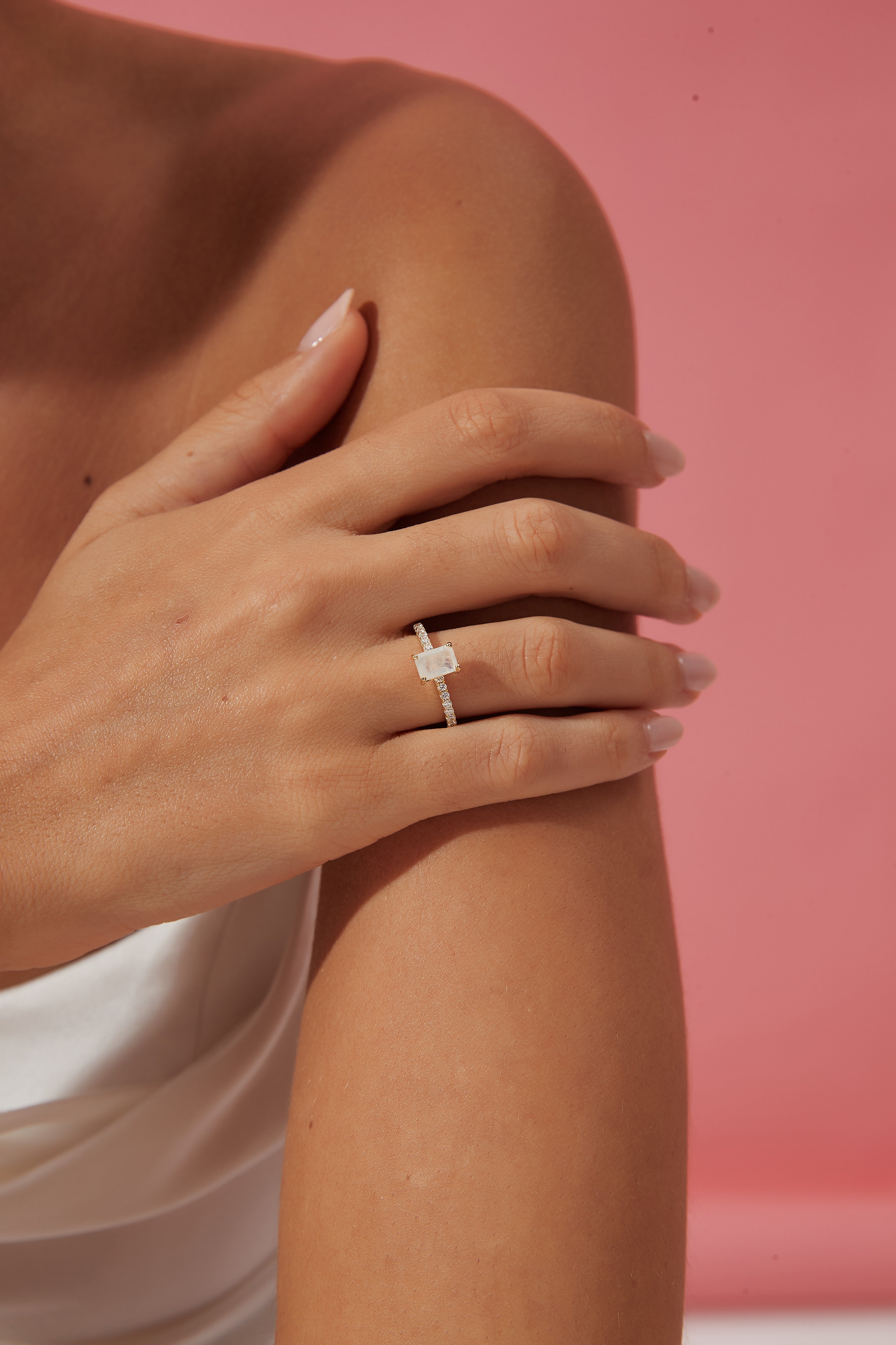 【Iris】Unique Handmade Natural Blue Moonstone Engagement Ring 1ct Baguette Shape