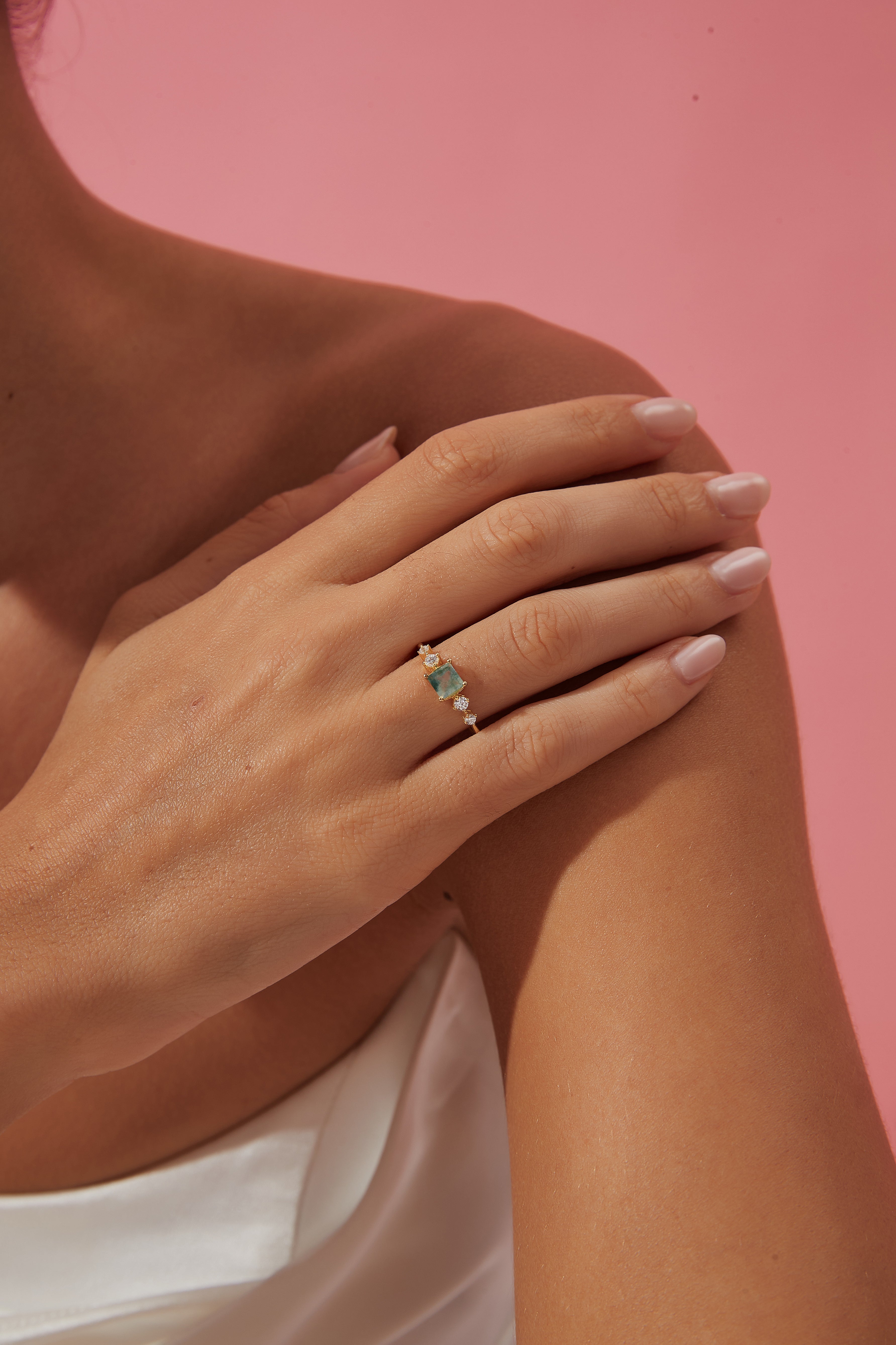 【Verdanite Garden】Unique Handmade Natural Moss Agate Engagement Ring 0.75ct Princess Cut