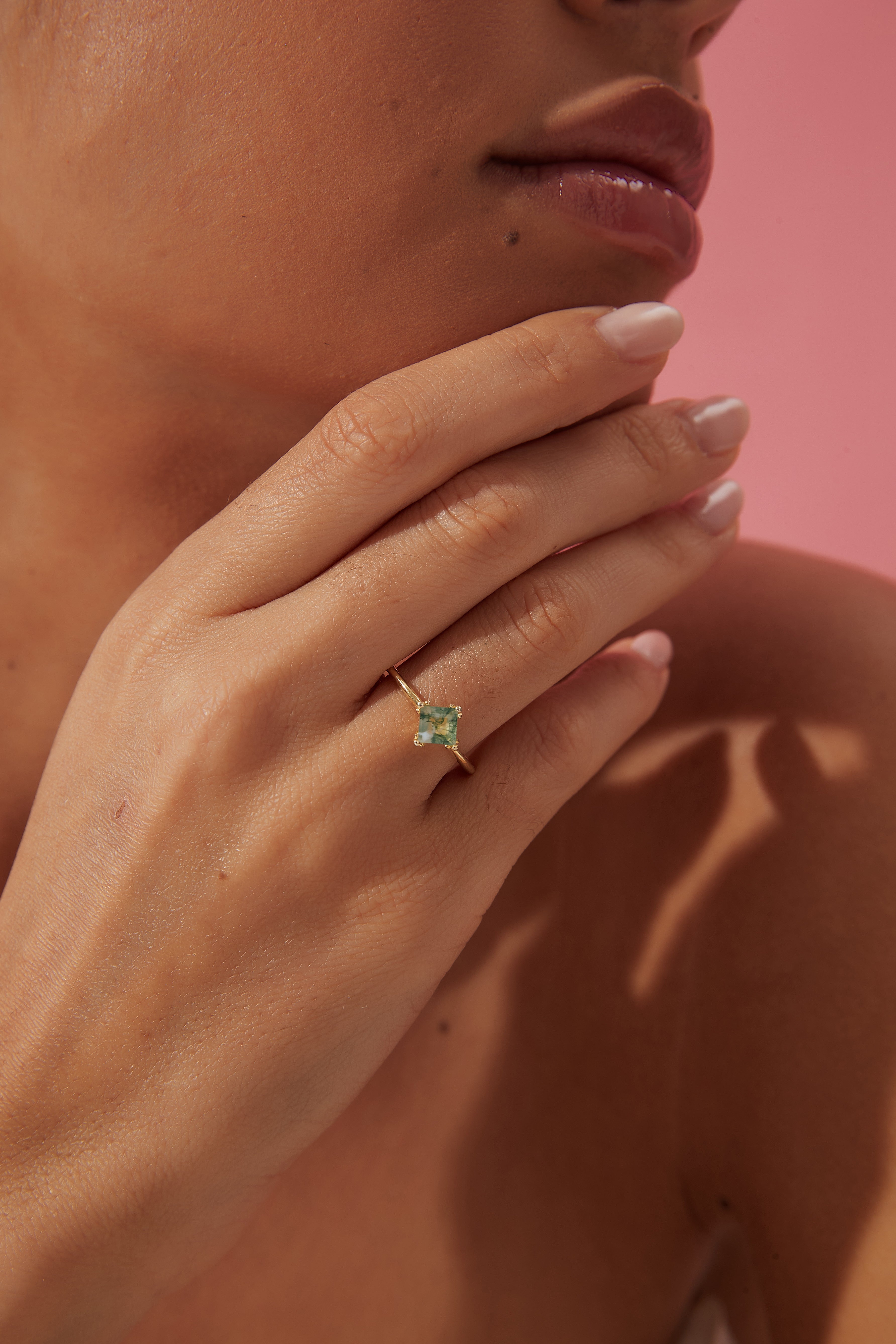 【Sylvan Majesty】Unique Handmade Natural Moss Agate Engagement Ring 0.75ct Princess Cut