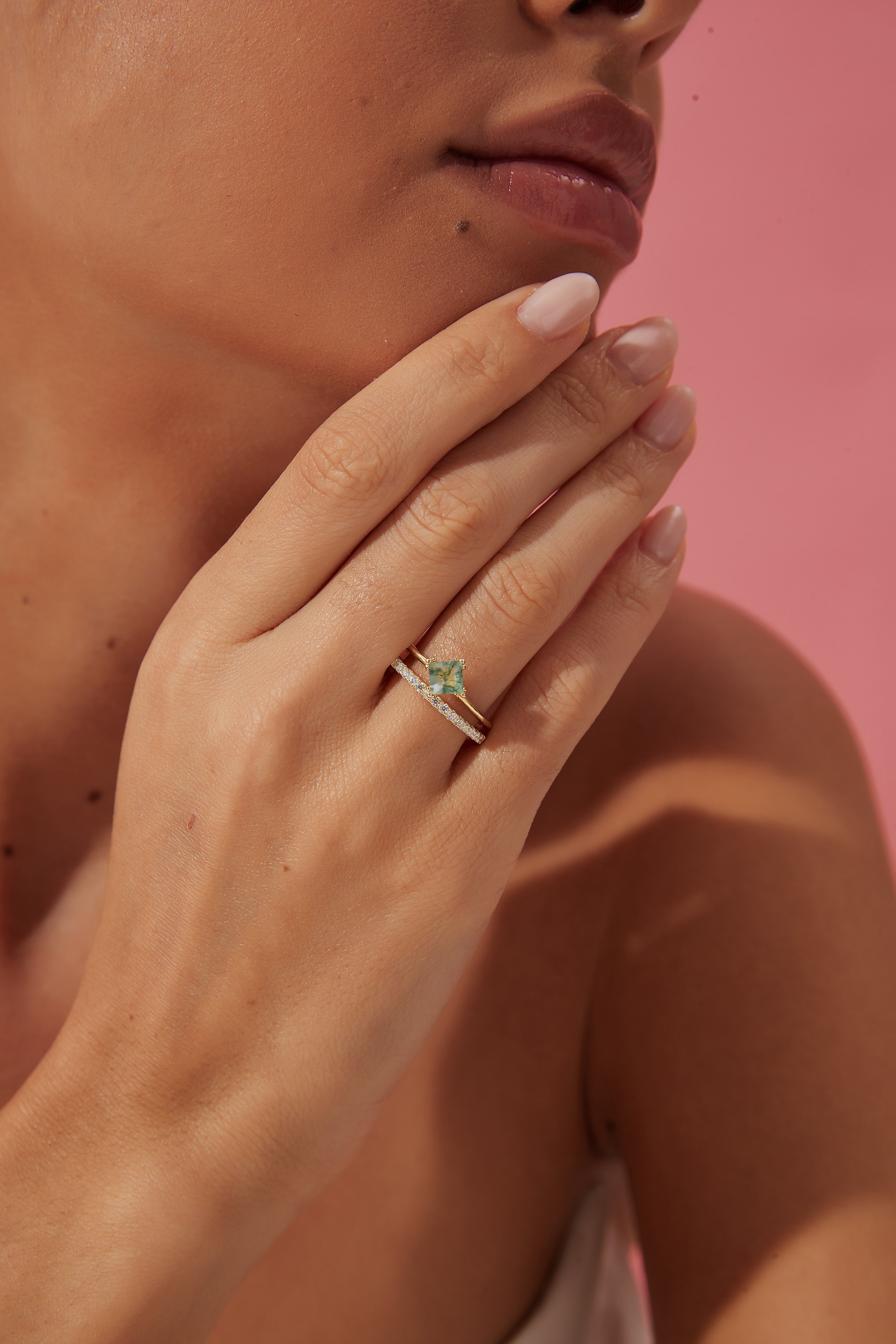 【Sylvan Majesty】Unique Handmade Natural Moss Agate Engagement Ring 0.75ct Princess Cut