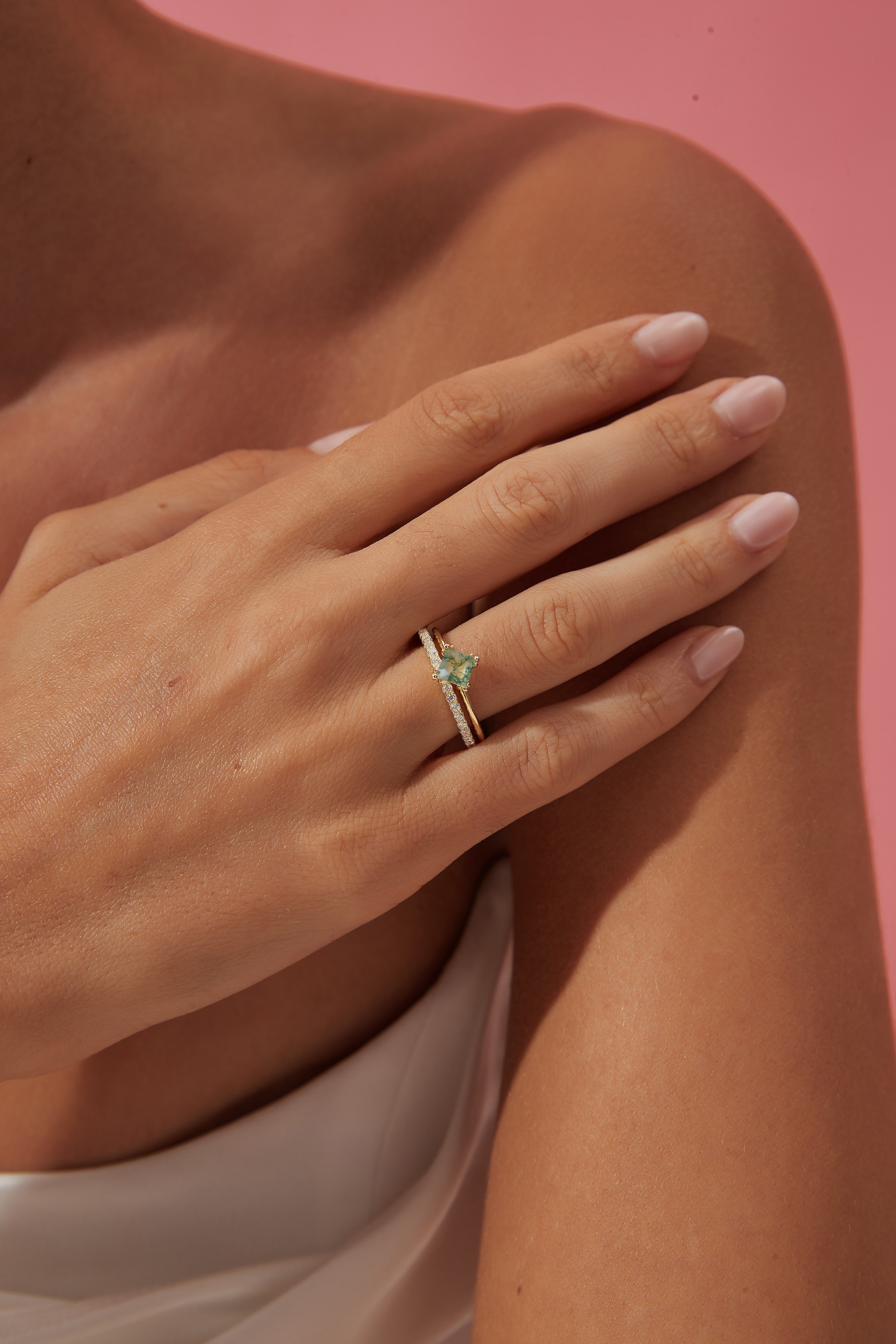 【Sylvan Majesty Set】Unique Handmade Natural Moss Agate Engagement Ring Set 2pcs 0.75ct Princess Shape