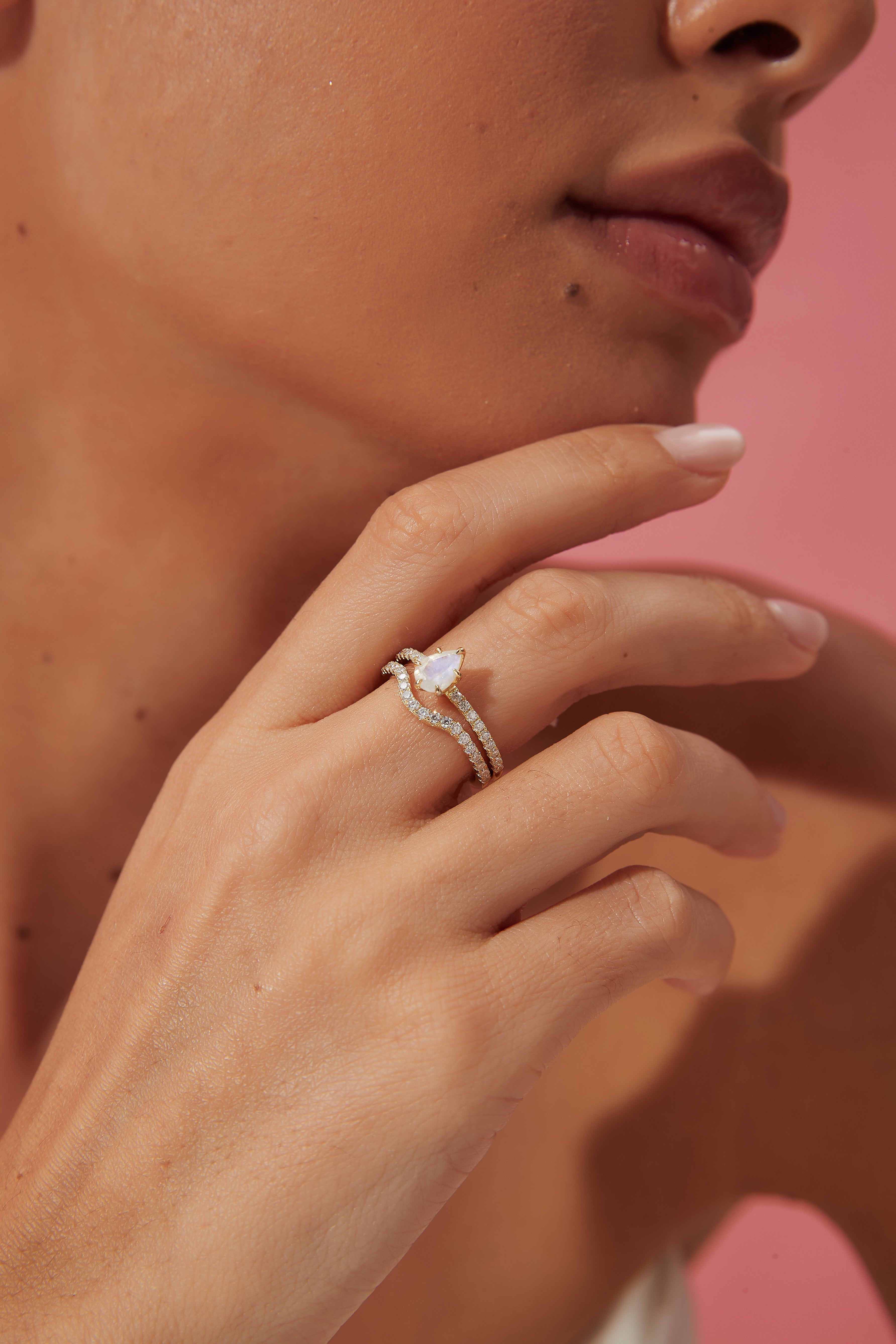 【Serenade Solitaire】Unique Handmade Natural Blue Moonstone Engagement Ring Set 2pcs 0.7ct Pear Shape