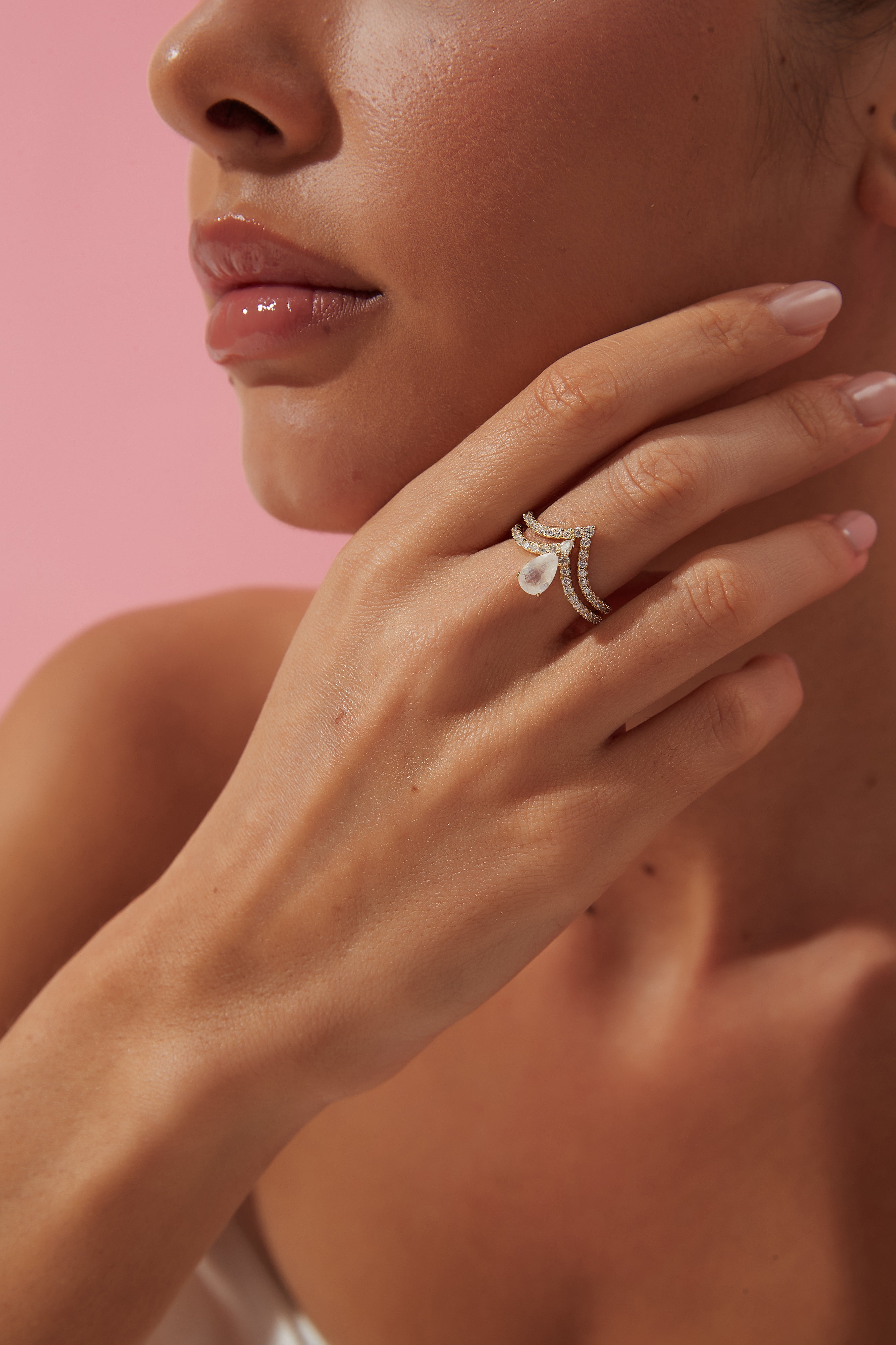 【Lumina Vow】Unique Handmade Natural Blue Moonstone Engagement Ring Set 2pcs 0.7ct Pear Shape