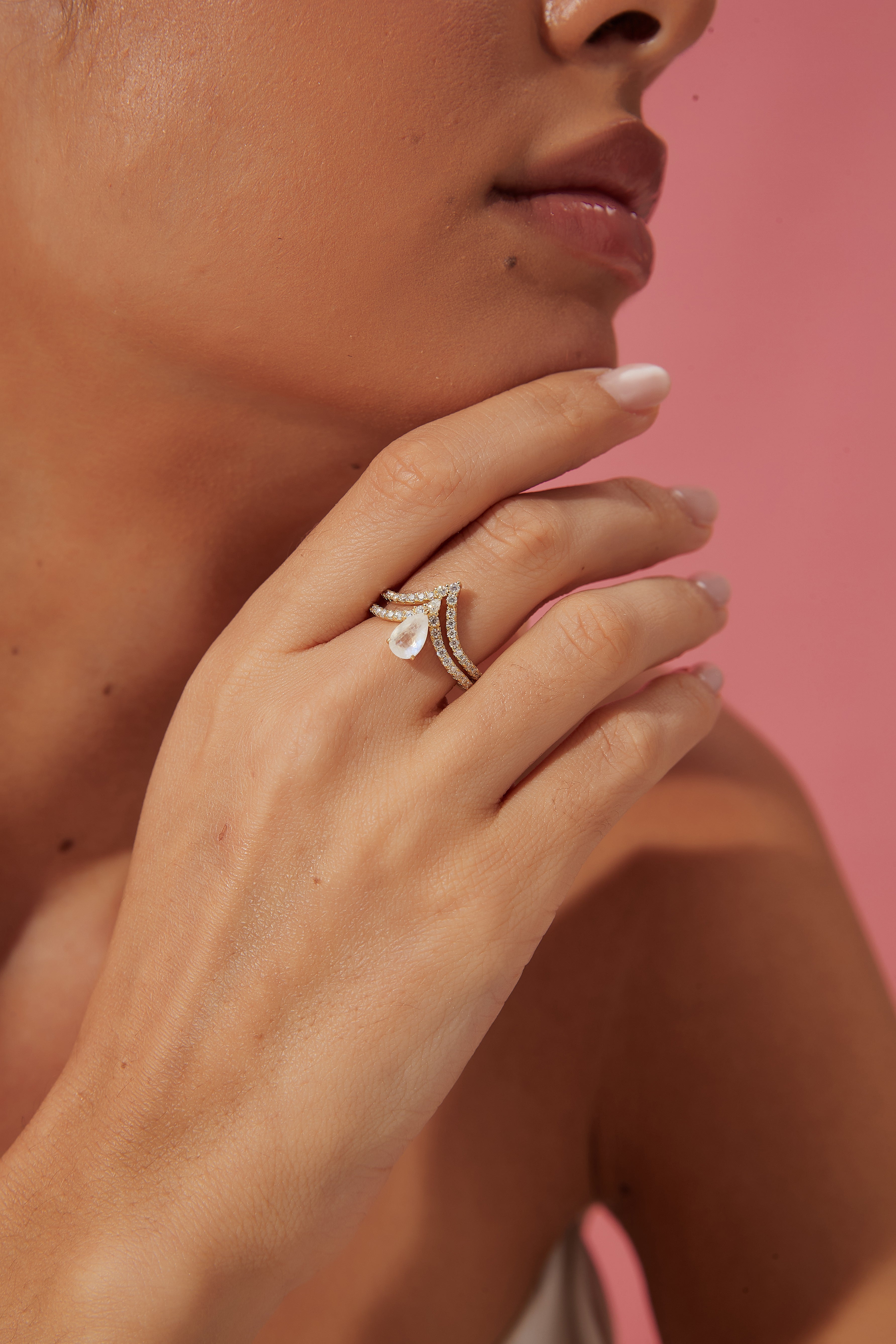 【Lumina Vow】Unique Handmade Natural Blue Moonstone Engagement Ring Set 2pcs 0.7ct Pear Shape