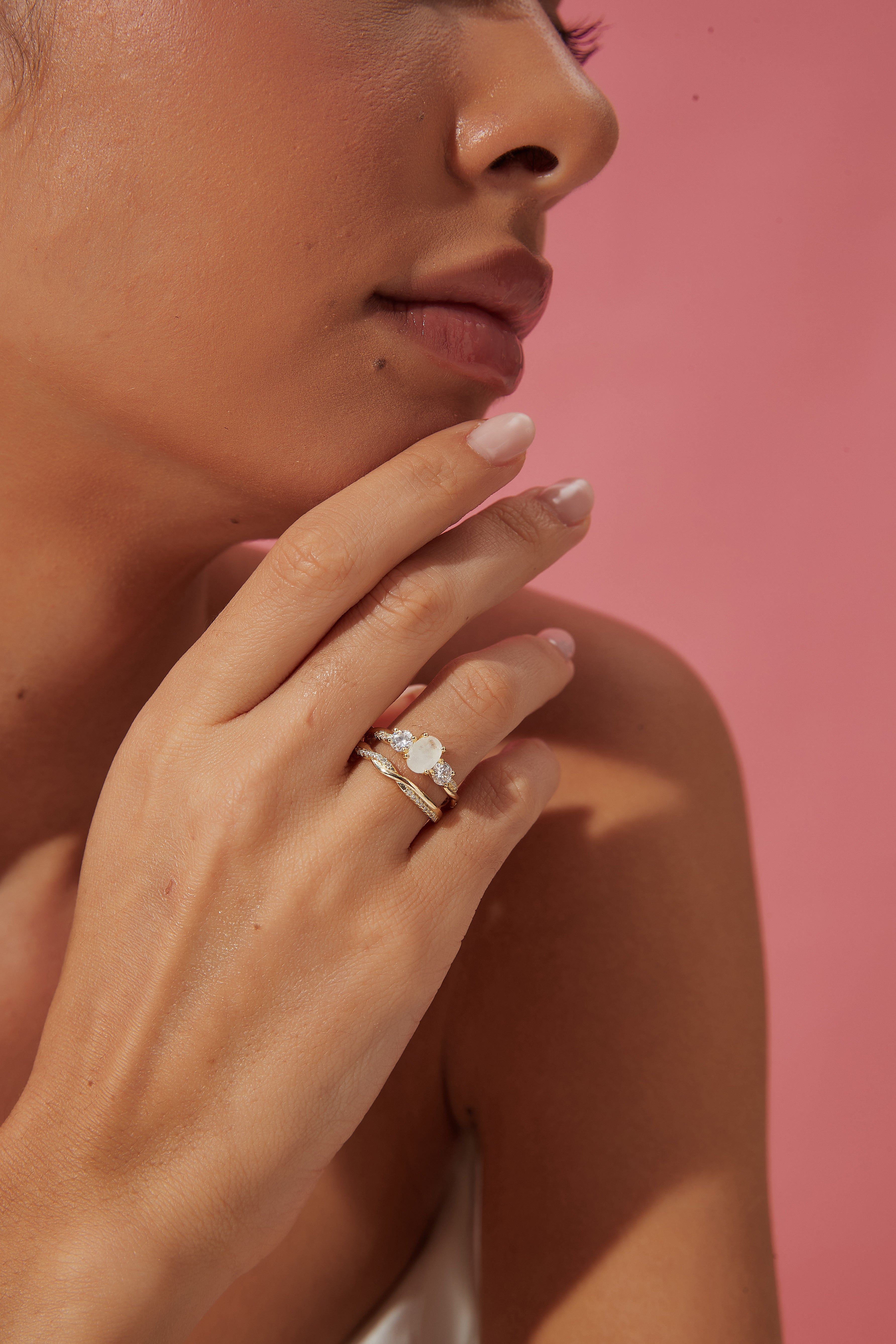 【Infinity Lumina】Unique Handmade Natural Blue Moonstone Engagement Ring Set 2pcs 0.75ct Oval Shape